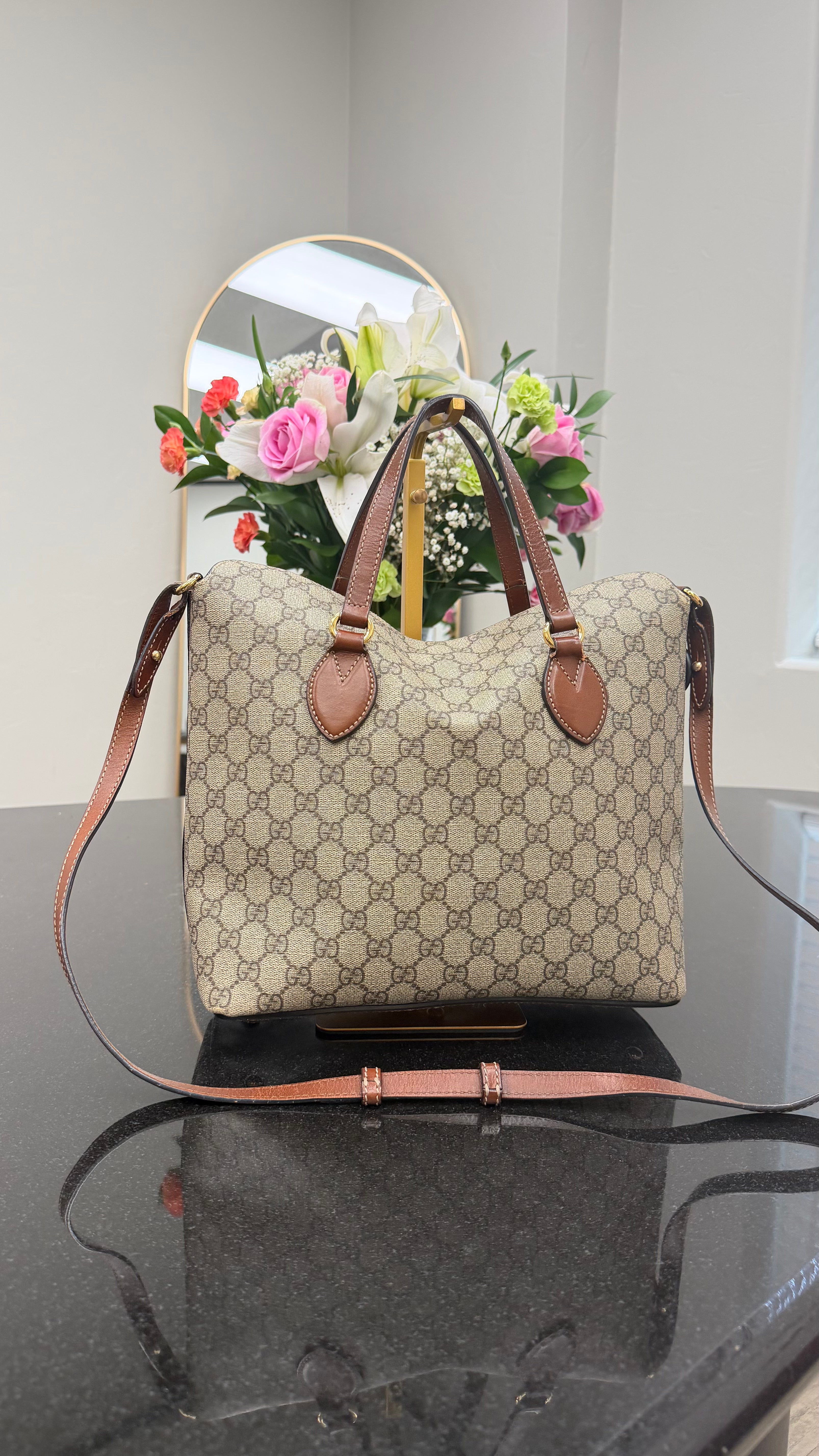 Gucci Supreme Canvas & Brown Leather Linea A Foldover Tote