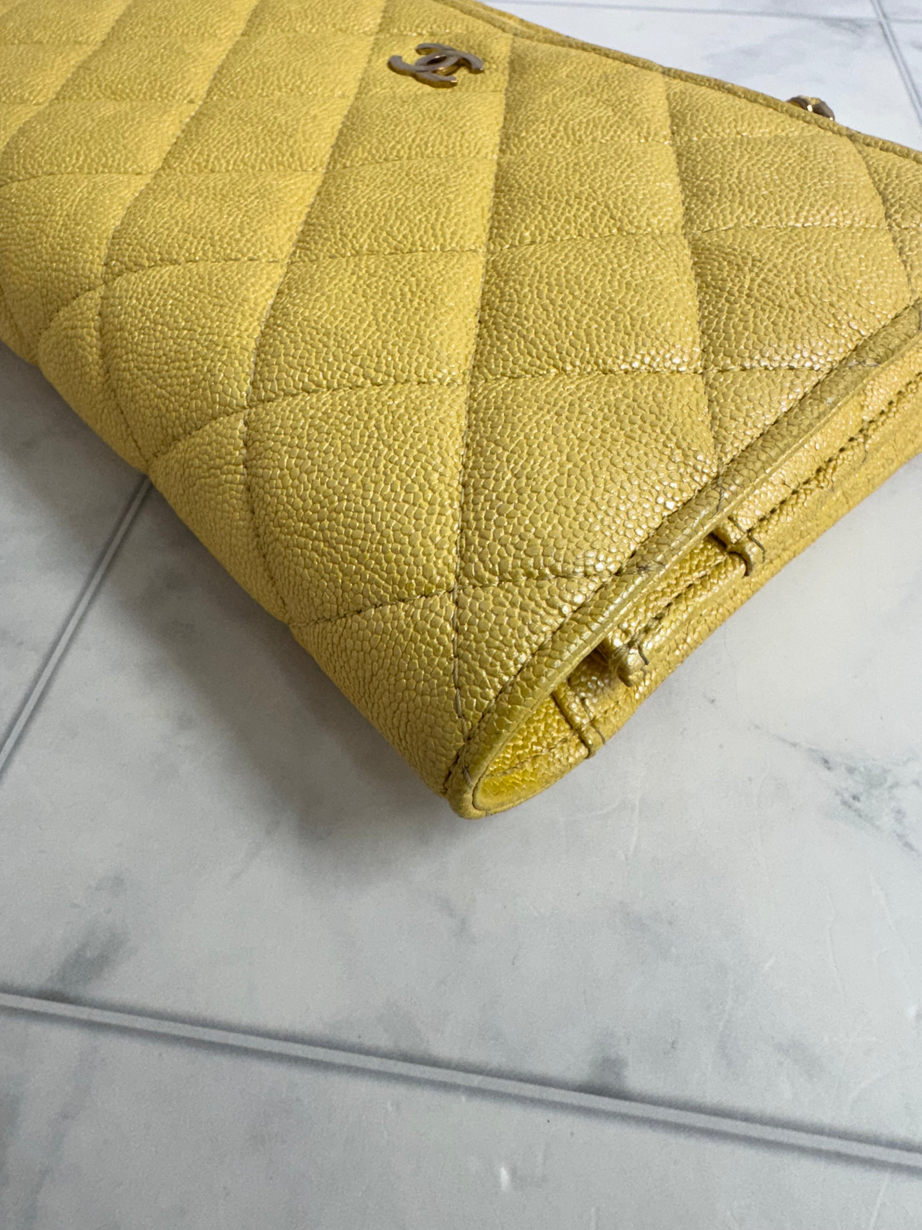 Chanel Iridescent Yellow Quilted Caviar Leather Wallet On A Chain