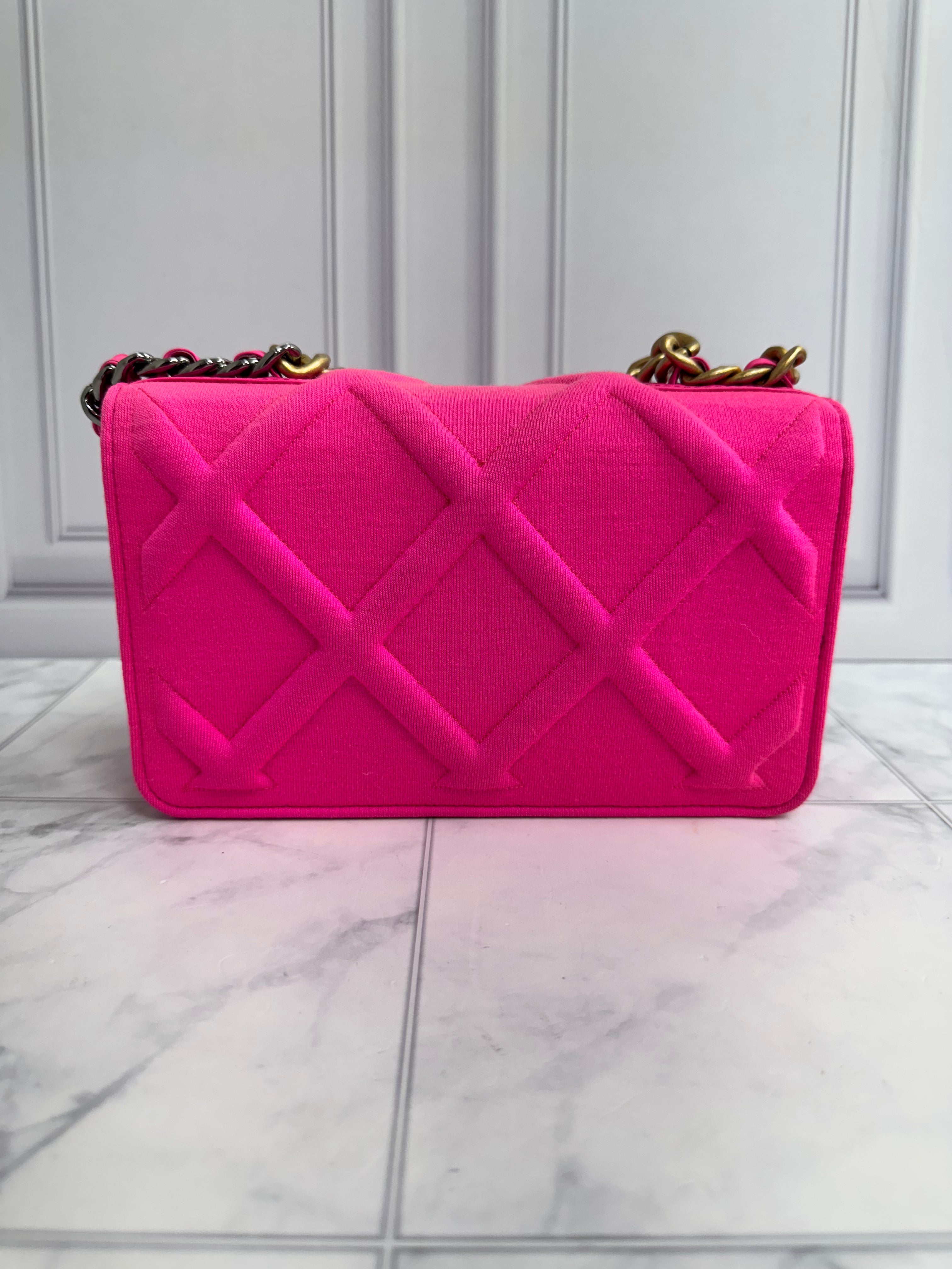 LIKE NEW - Chanel Neon Pink Quilted Jersey Chanel 19 Wallet On A Chain