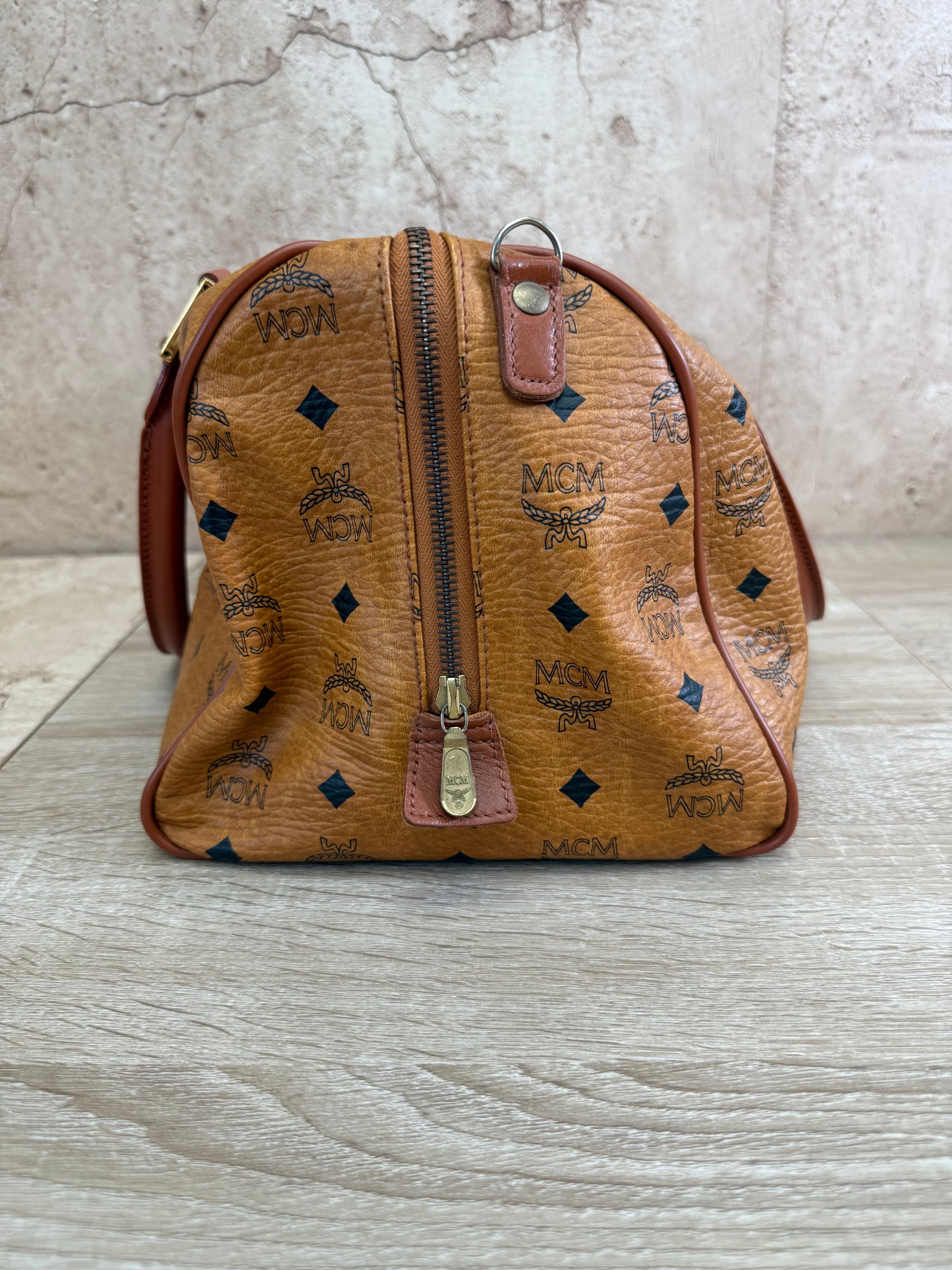 MCM Cognac Leather Visetos Boston Bag