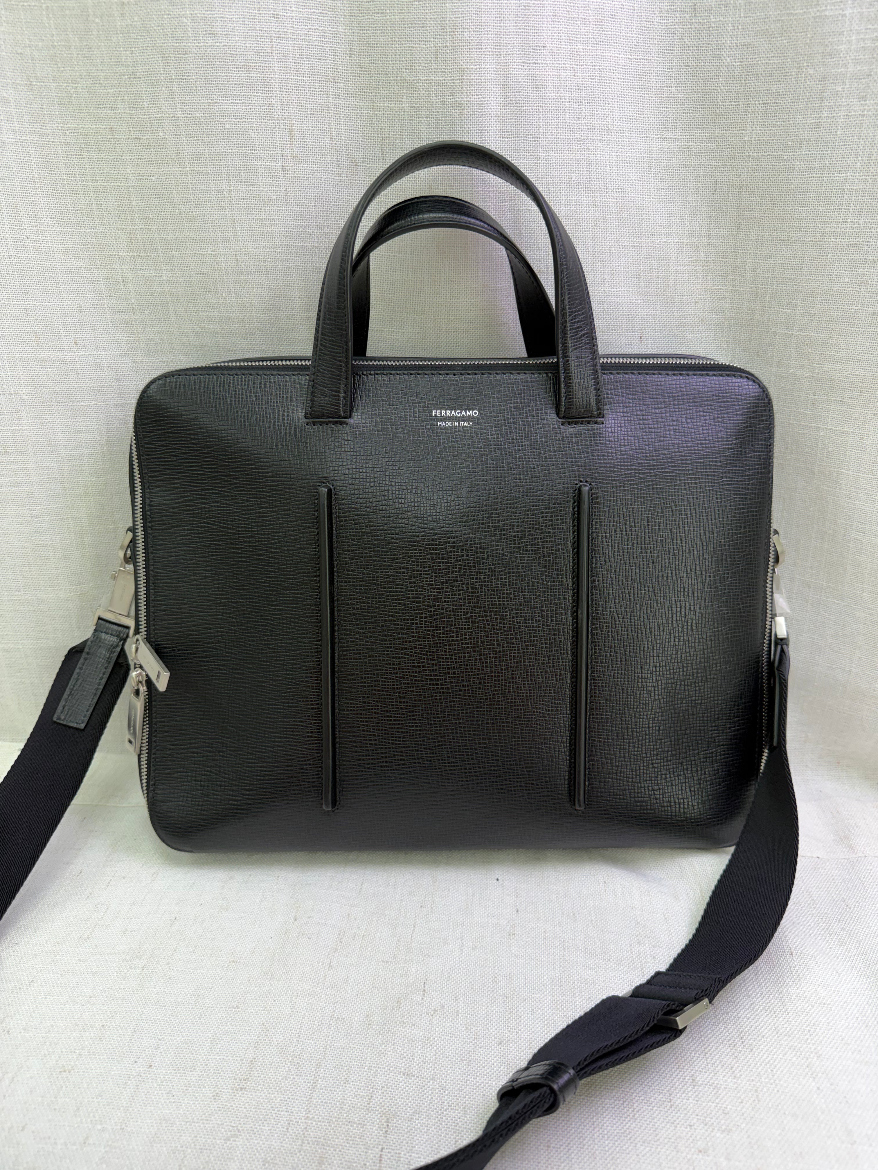 Salvatore Ferragamo Black Hammered Calfskin Briefcase
