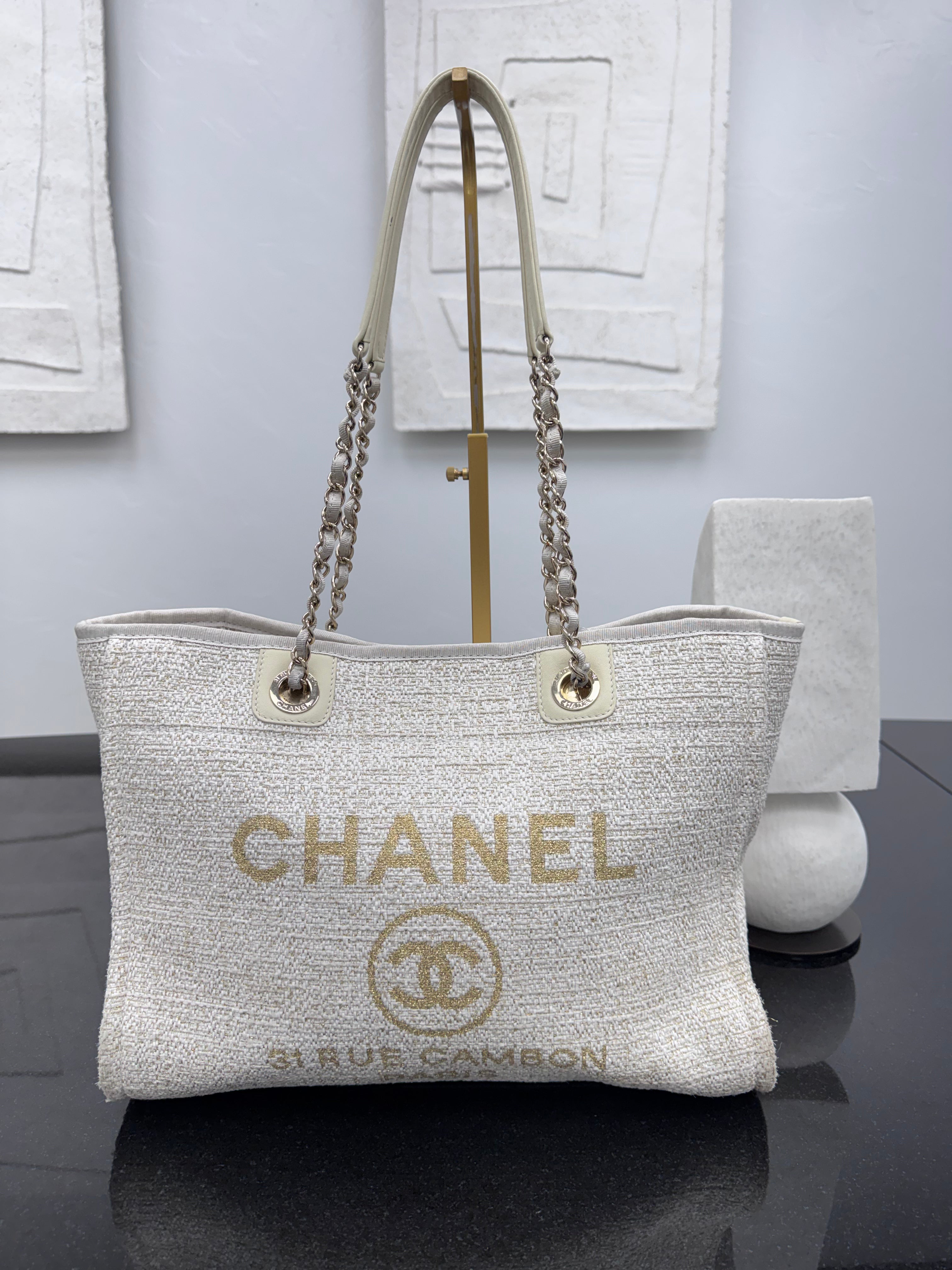 Chanel Ivory Tweed Deauville Small Shopping Tote Bag