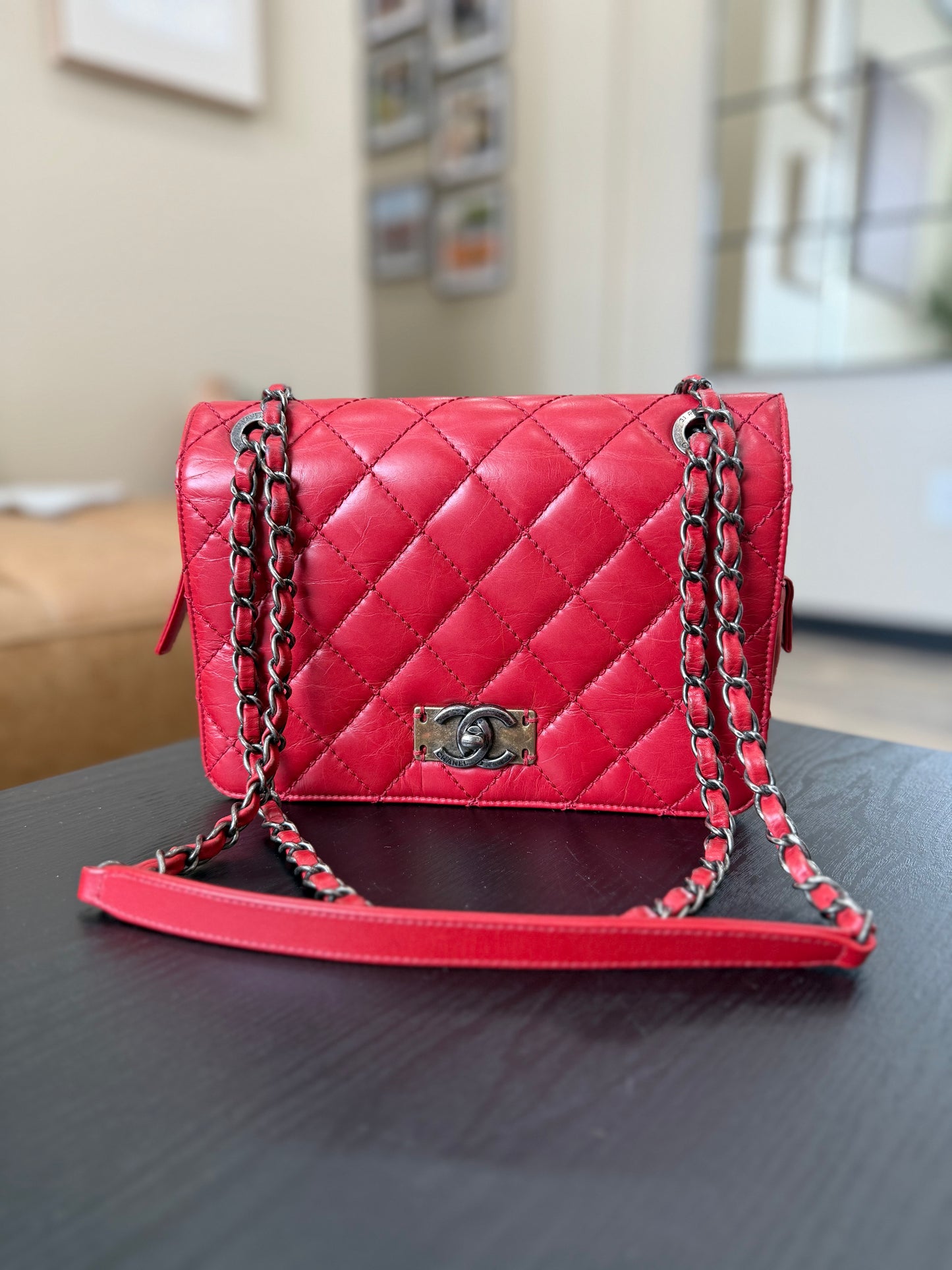 Chanel Red Crumpled Quilted Calfskin Chain Crossbody Bag