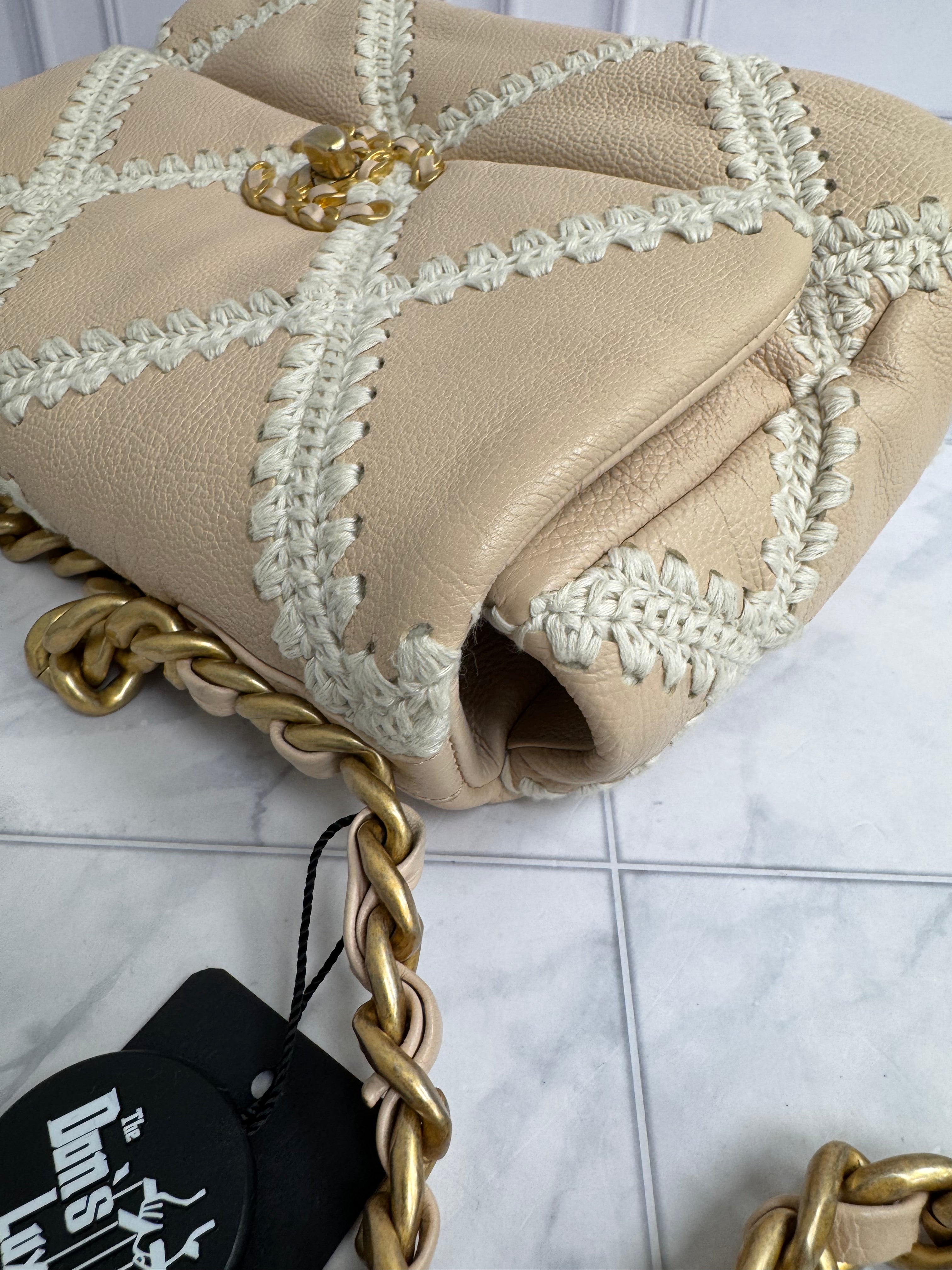 Chanel Beige Grained Leather And Crochet Stitch Chanel 19 Small Flap Bag