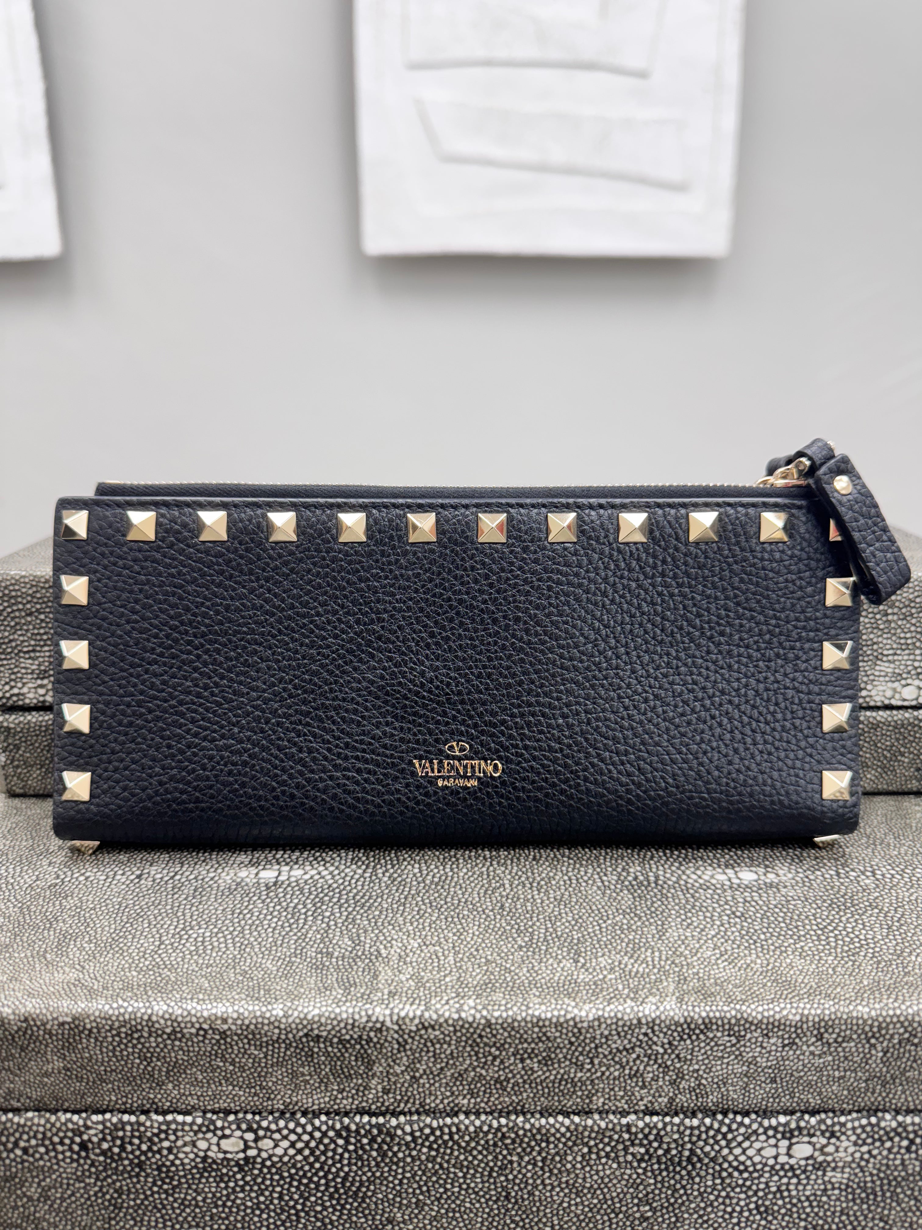 Valentino Black Pebbled Leather Rockstud Double Zip Wallet