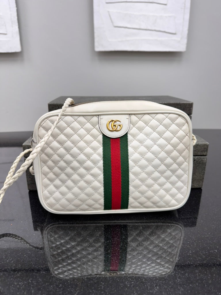 Gucci White Diamond Quilted Sherry Line Crossbody Bag