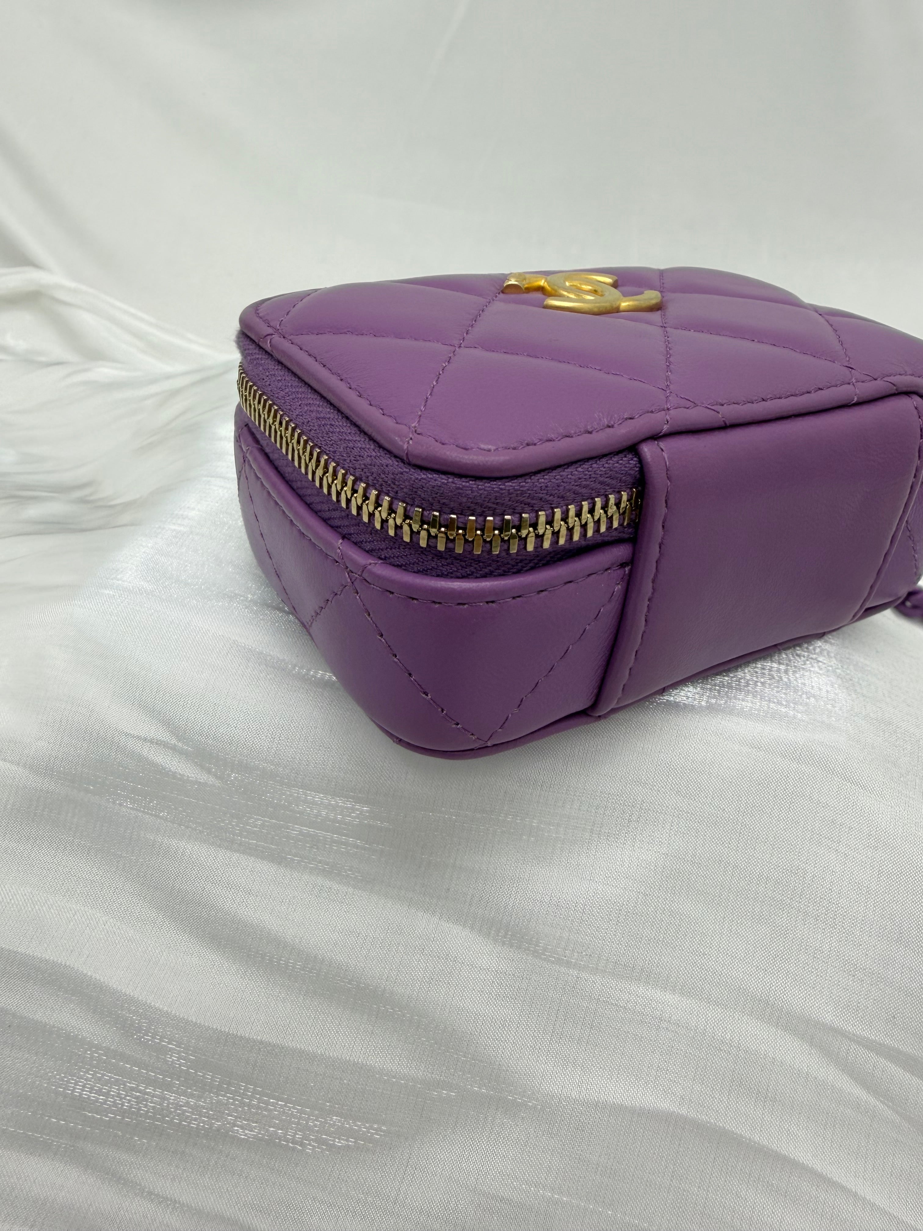 Like New- Chanel Purple Quilted Lambskin Mini CC Zip Around Card Holder on a Chain