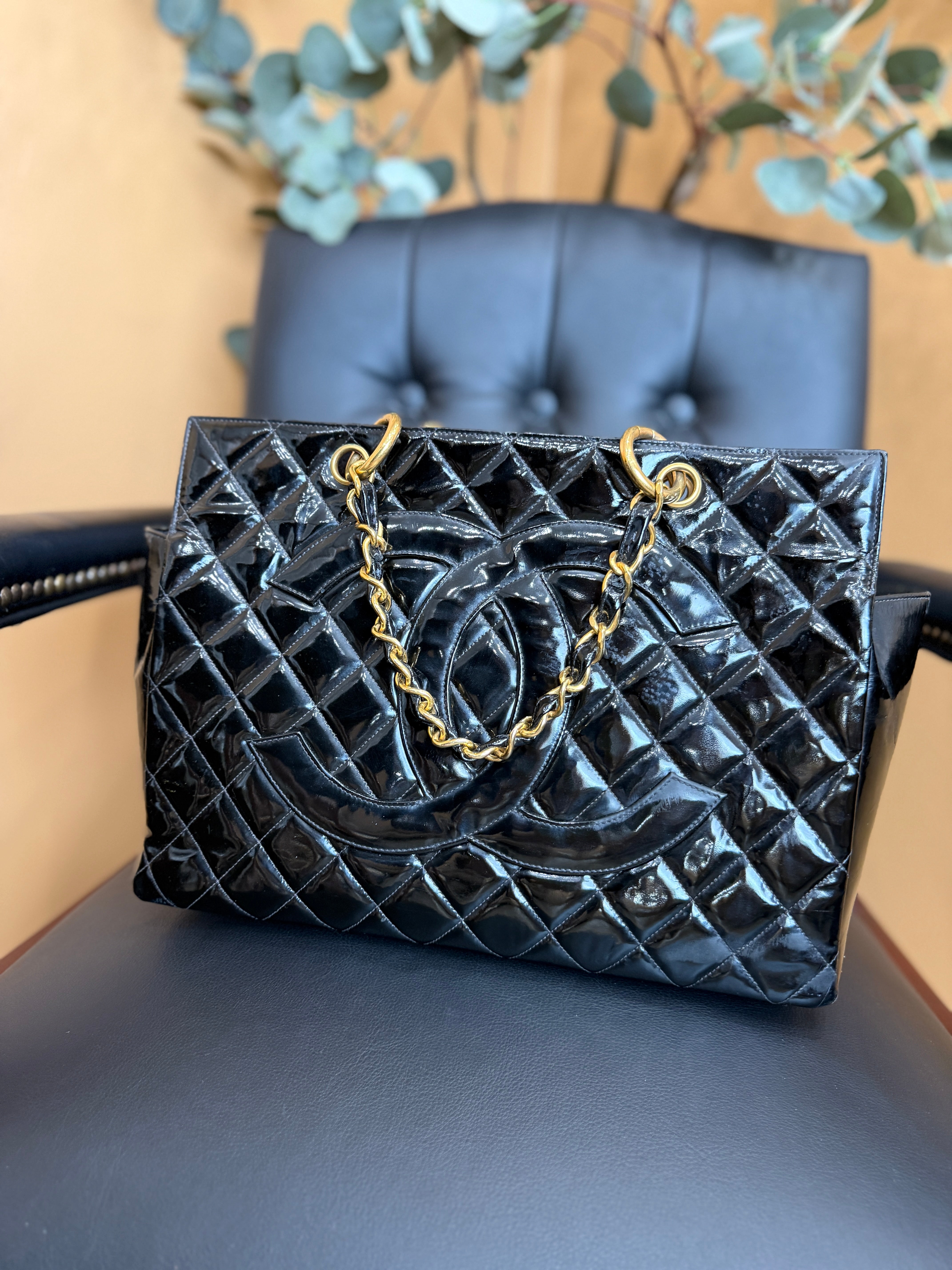 Chanel Black Quilted Patent Leather Grand Shopping Tote