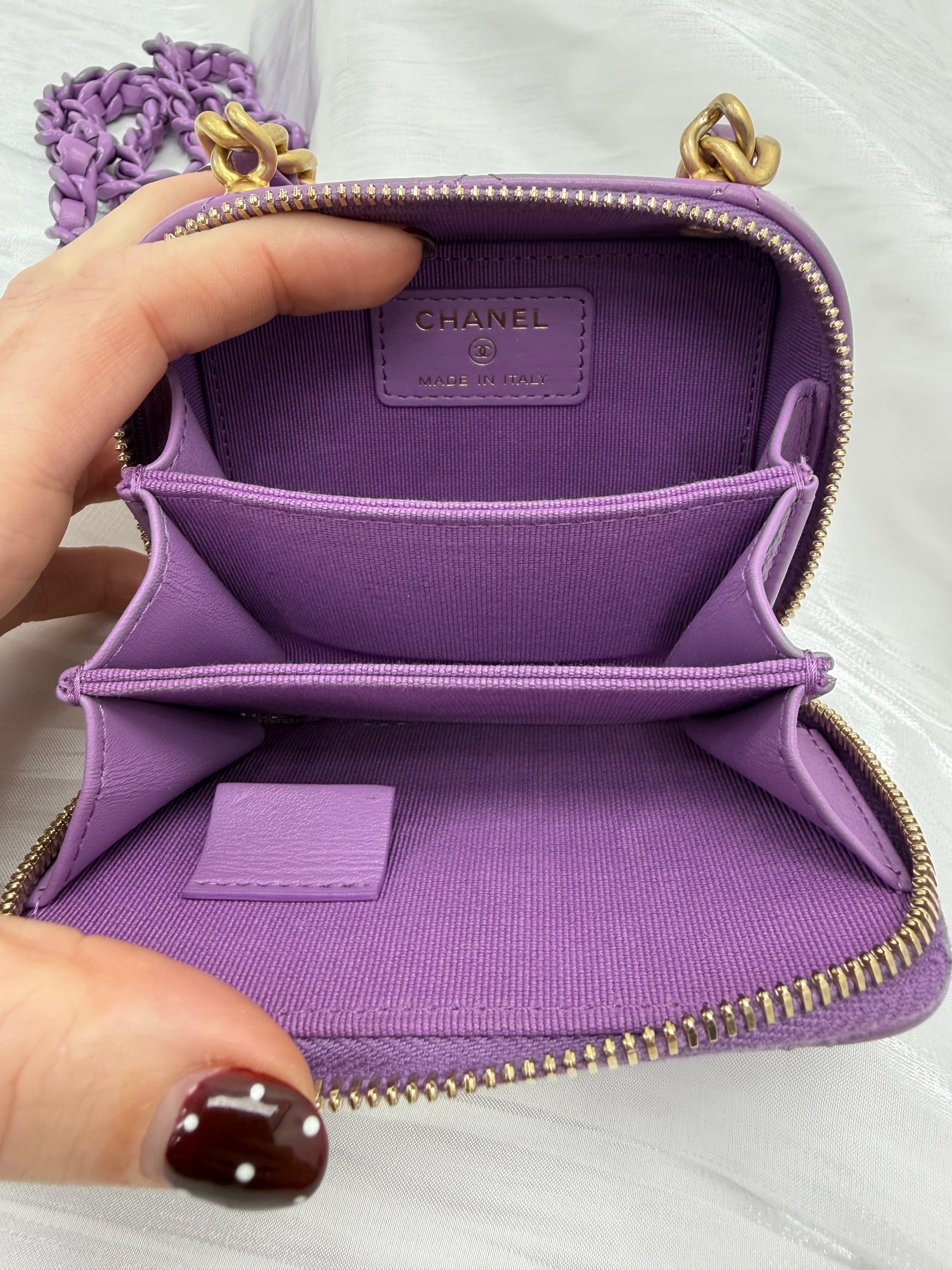 Like New- Chanel Purple Quilted Lambskin Mini CC Zip Around Card Holder on a Chain