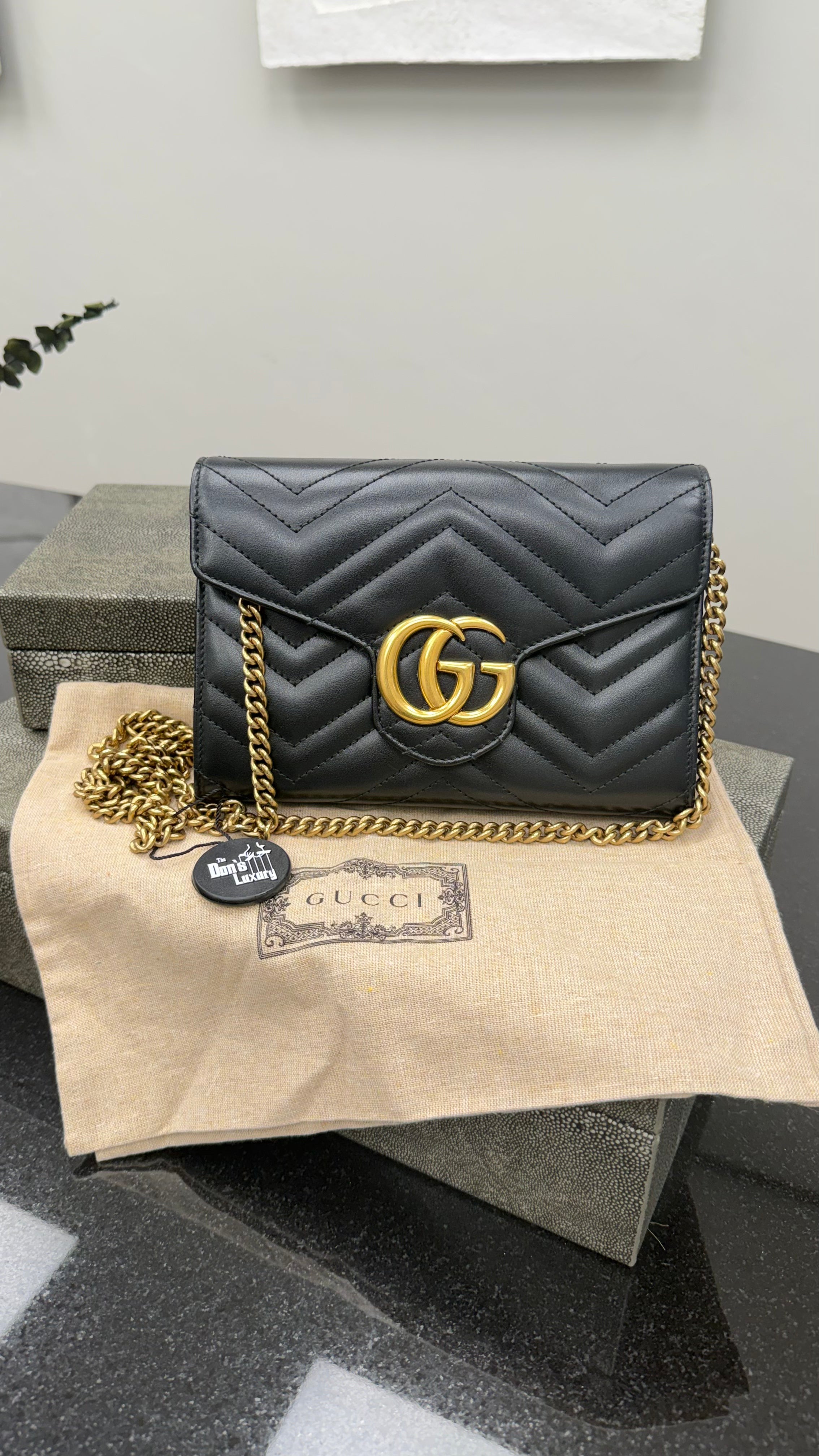 Gucci Black Chevron Quilted Leather GG Marmont Wallet On A Chain