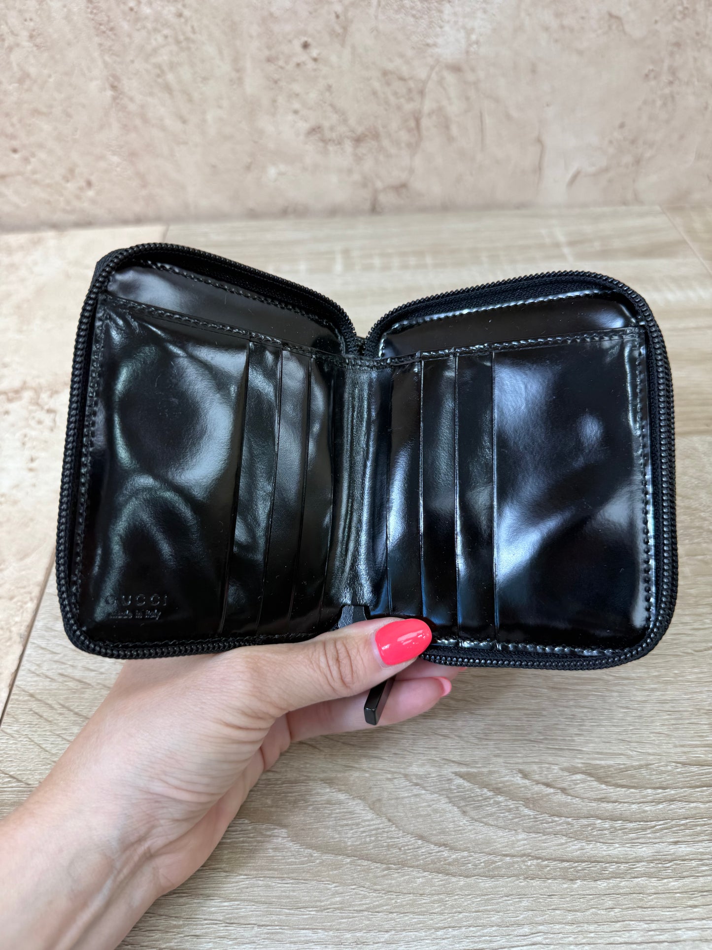 Gucci Black Patent Leather Zippy Compact Wallet