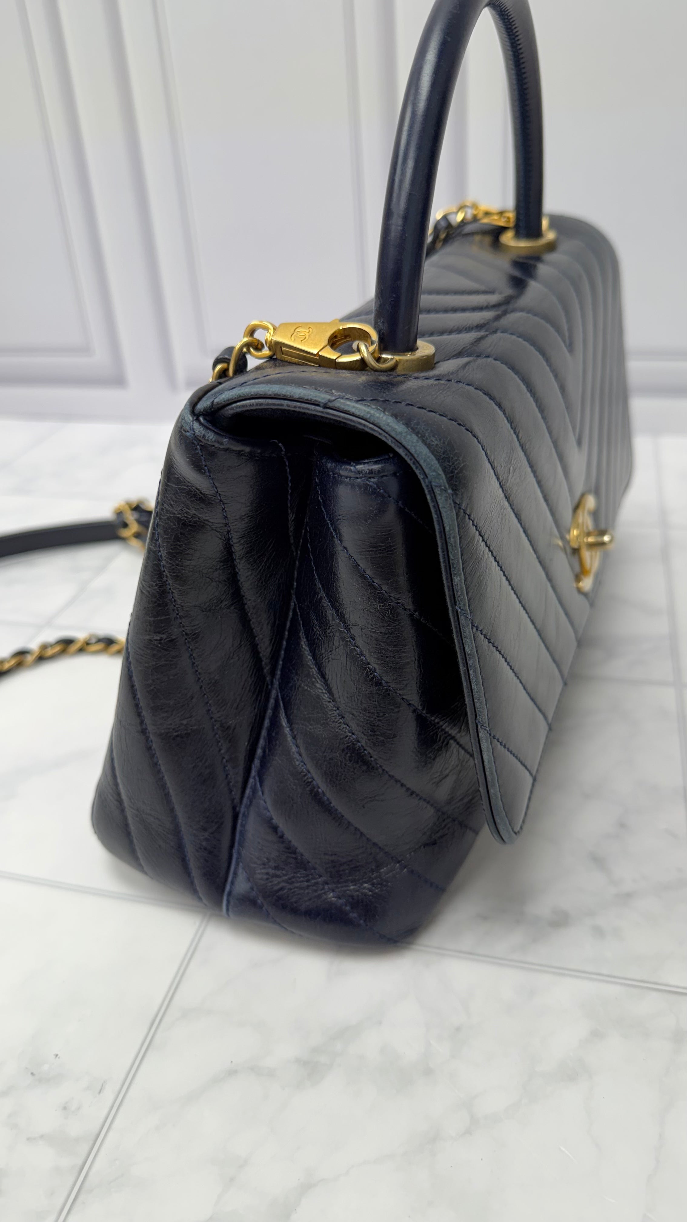 *DONS DROP* Chanel Blue Chevron Quilted Leather Coco Top Handle Bag