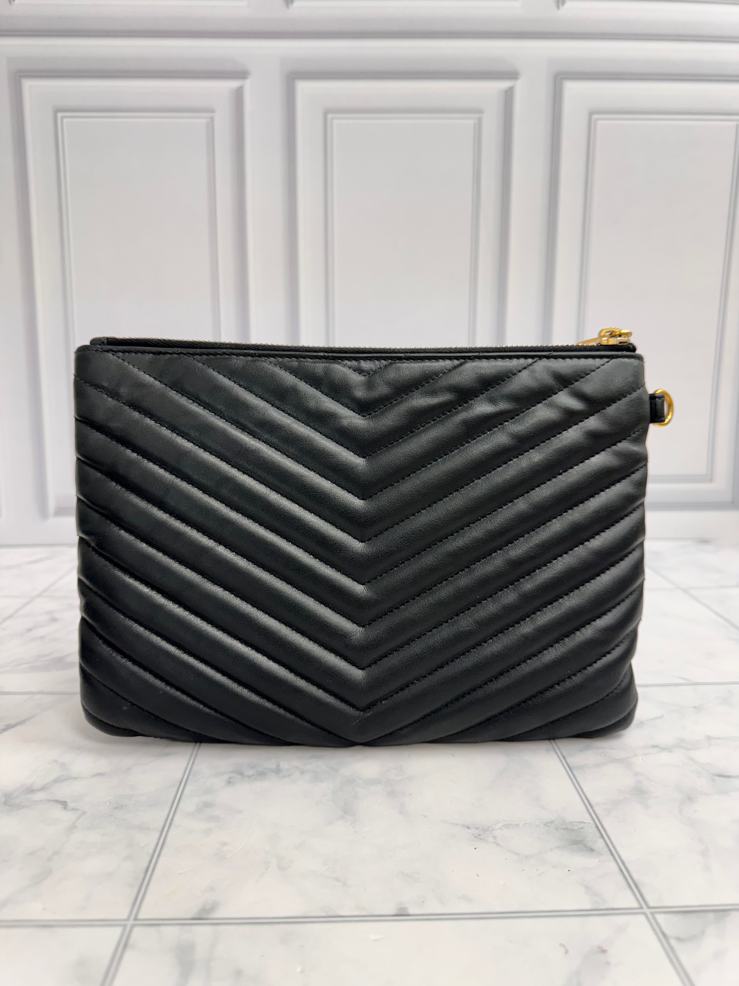 Saint Laurent YSL Black Chevron Quilted Leather Clutch Bag