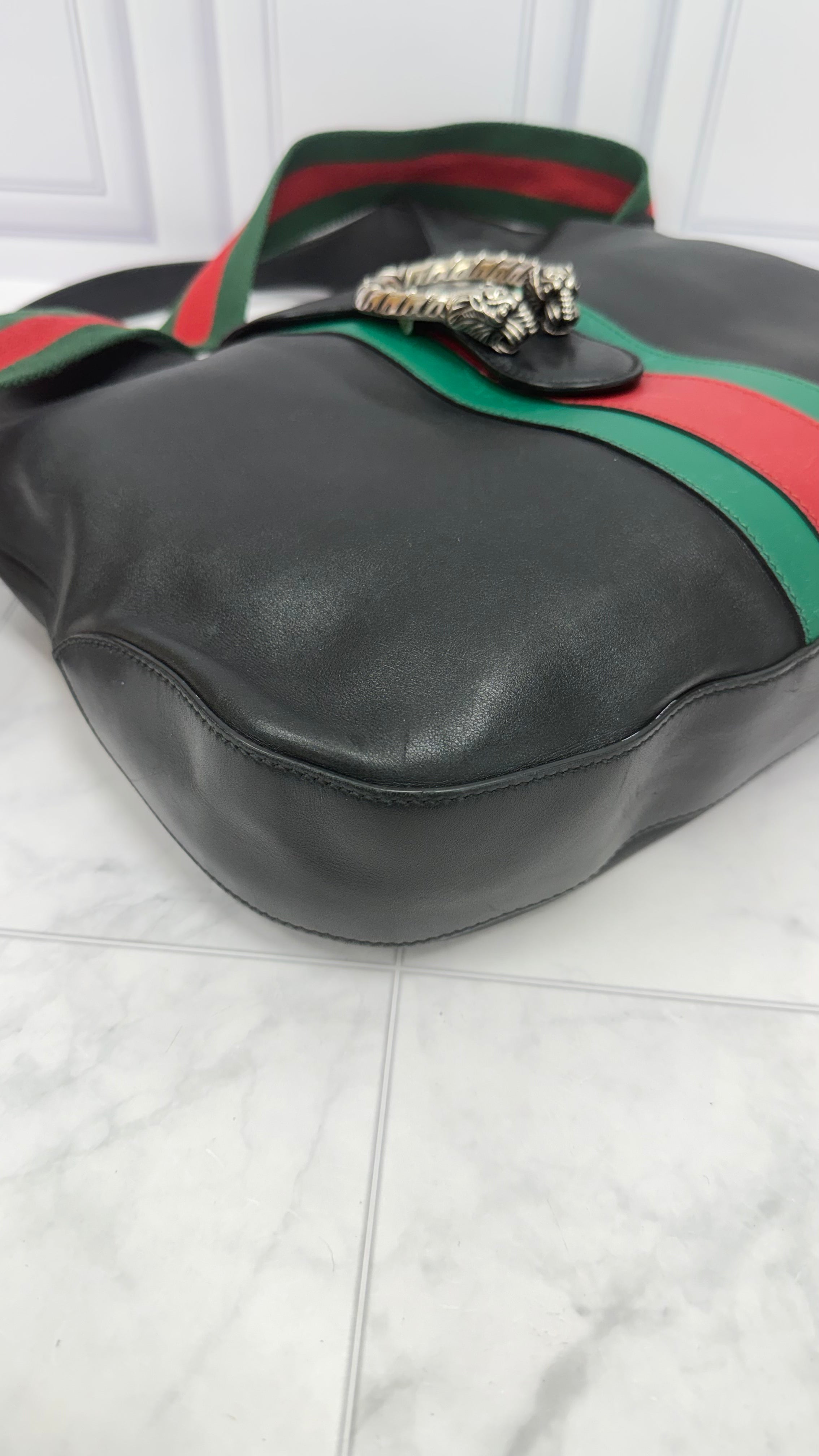 Gucci Black Leather Web Stripe Medium Dionysus Hobo Bag