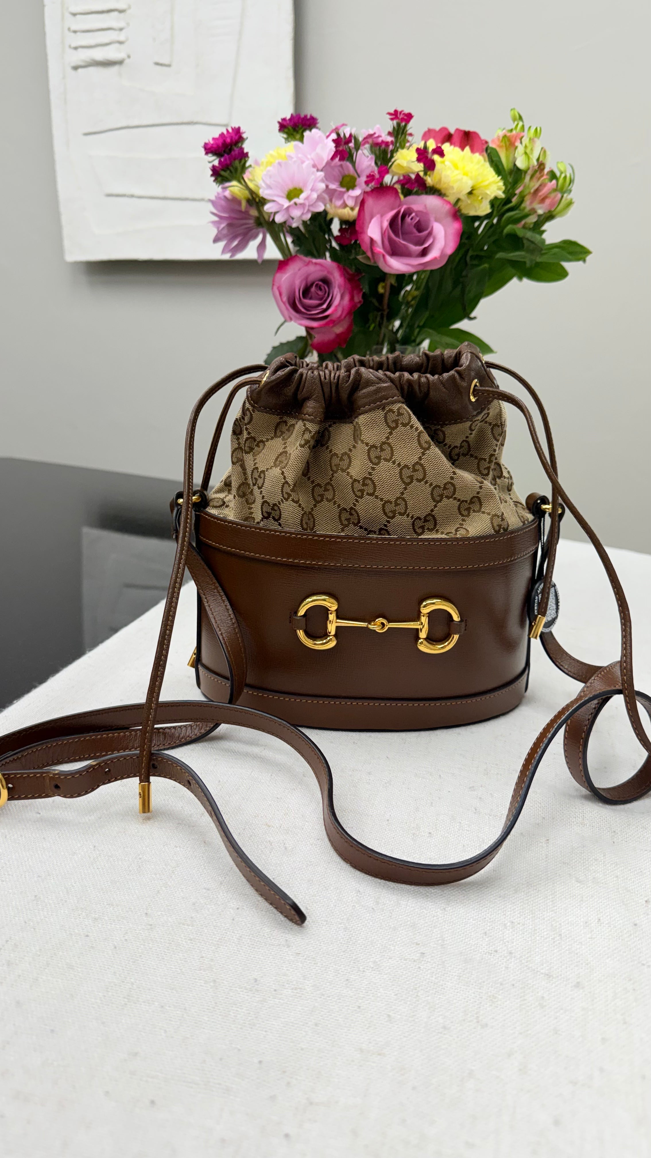 *DONS DROP* Gucci Brown GG Canvas & Leather 1955 Drawstring Bucket Crossbody