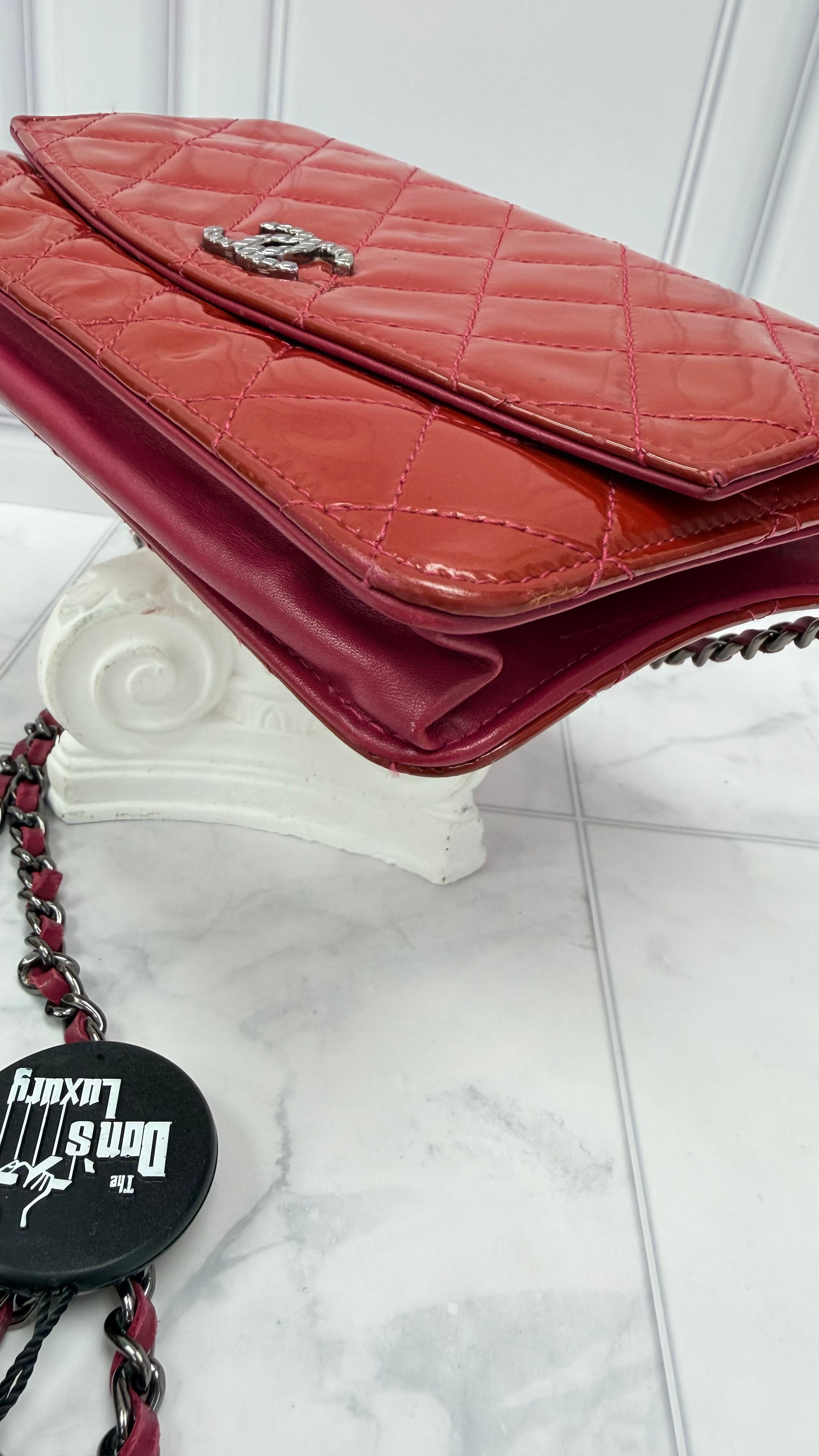 Chanel Rose Red Quilted Patent Leather Wallet on a Chain