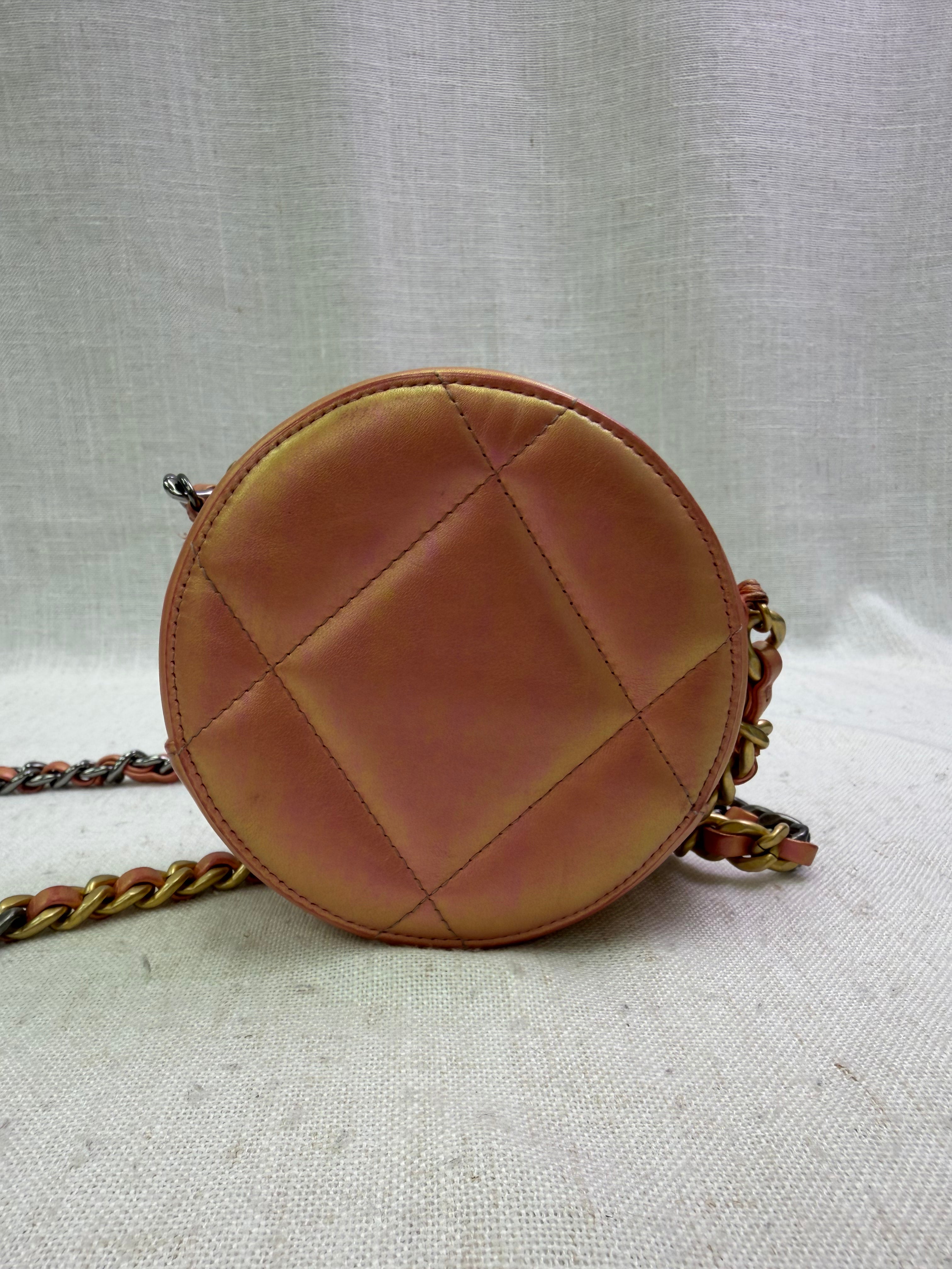 Chanel Pink Iridescent Chanel 19 Round Clutch on a Chain