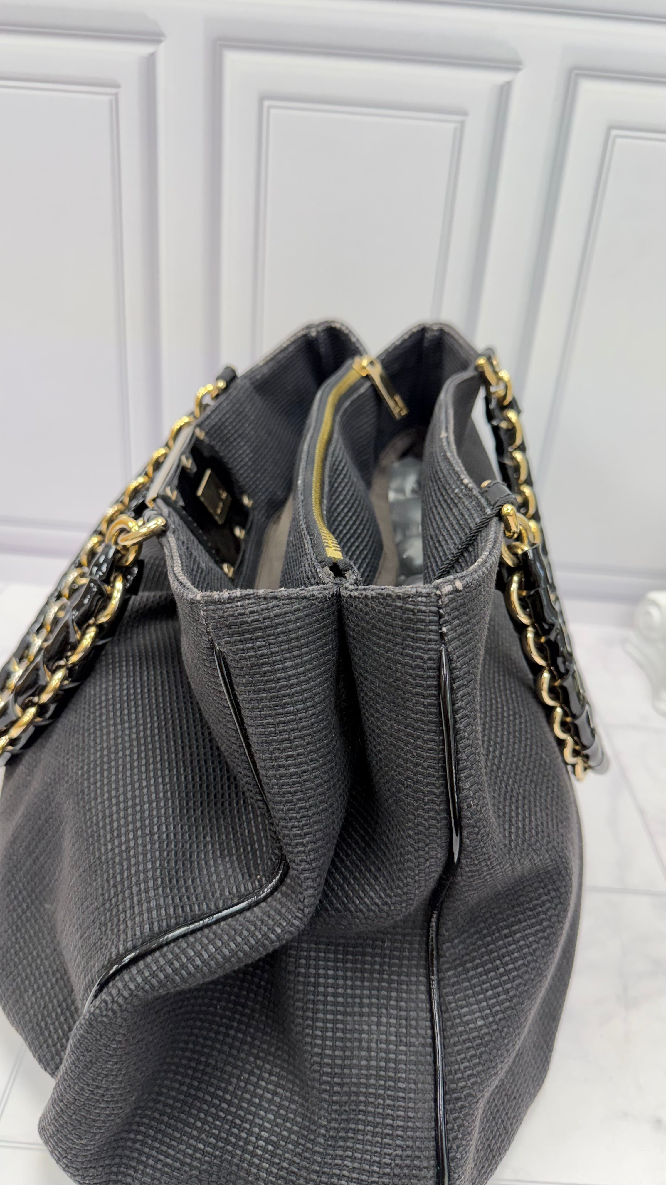 Fendi Black Textured Canvas Mia Chain Shoulder Bag