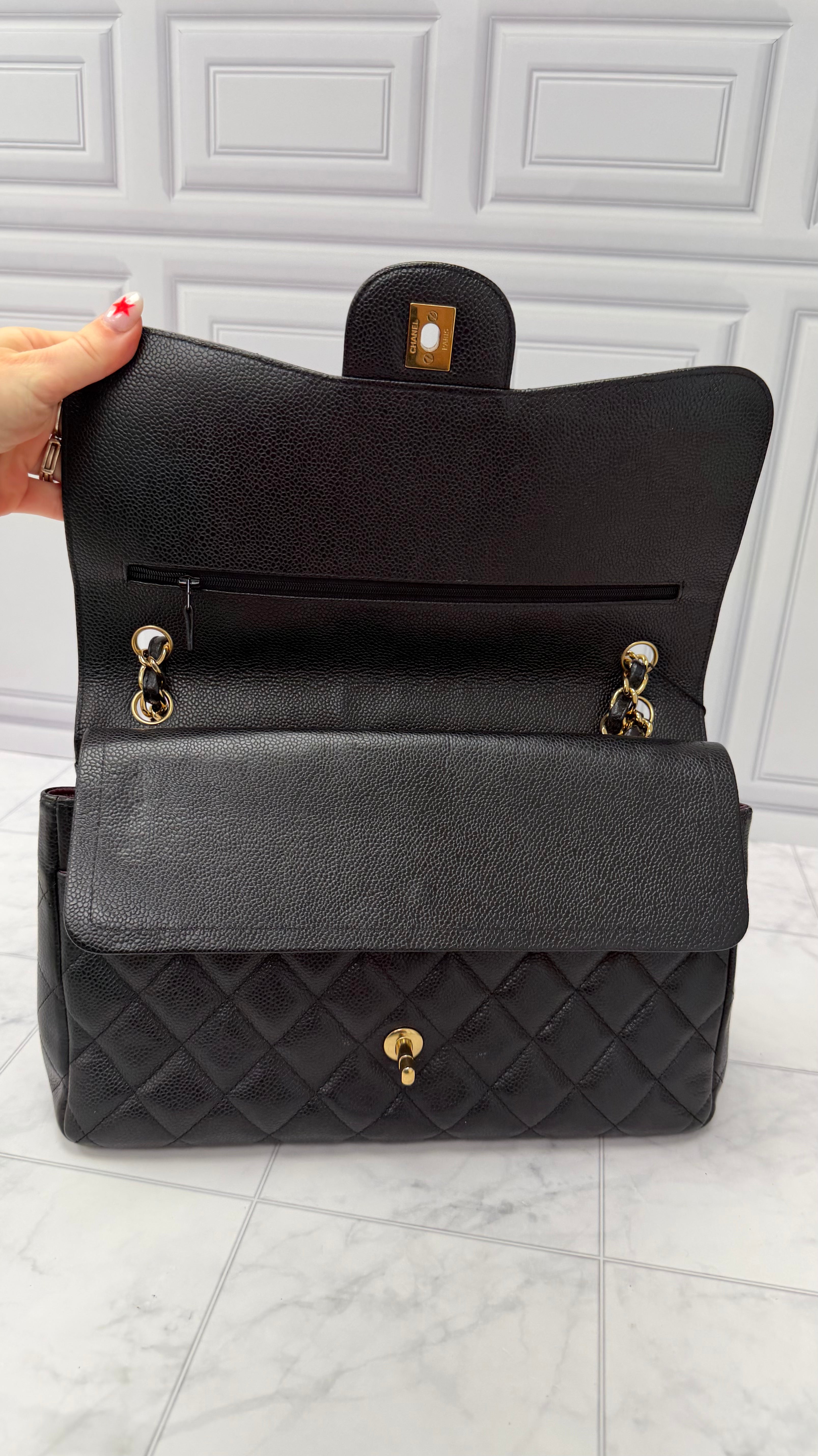 *DONS DROP* Chanel Black Quilted Caviar Jumbo Double Classic Flap Chain Shoulder Bag
