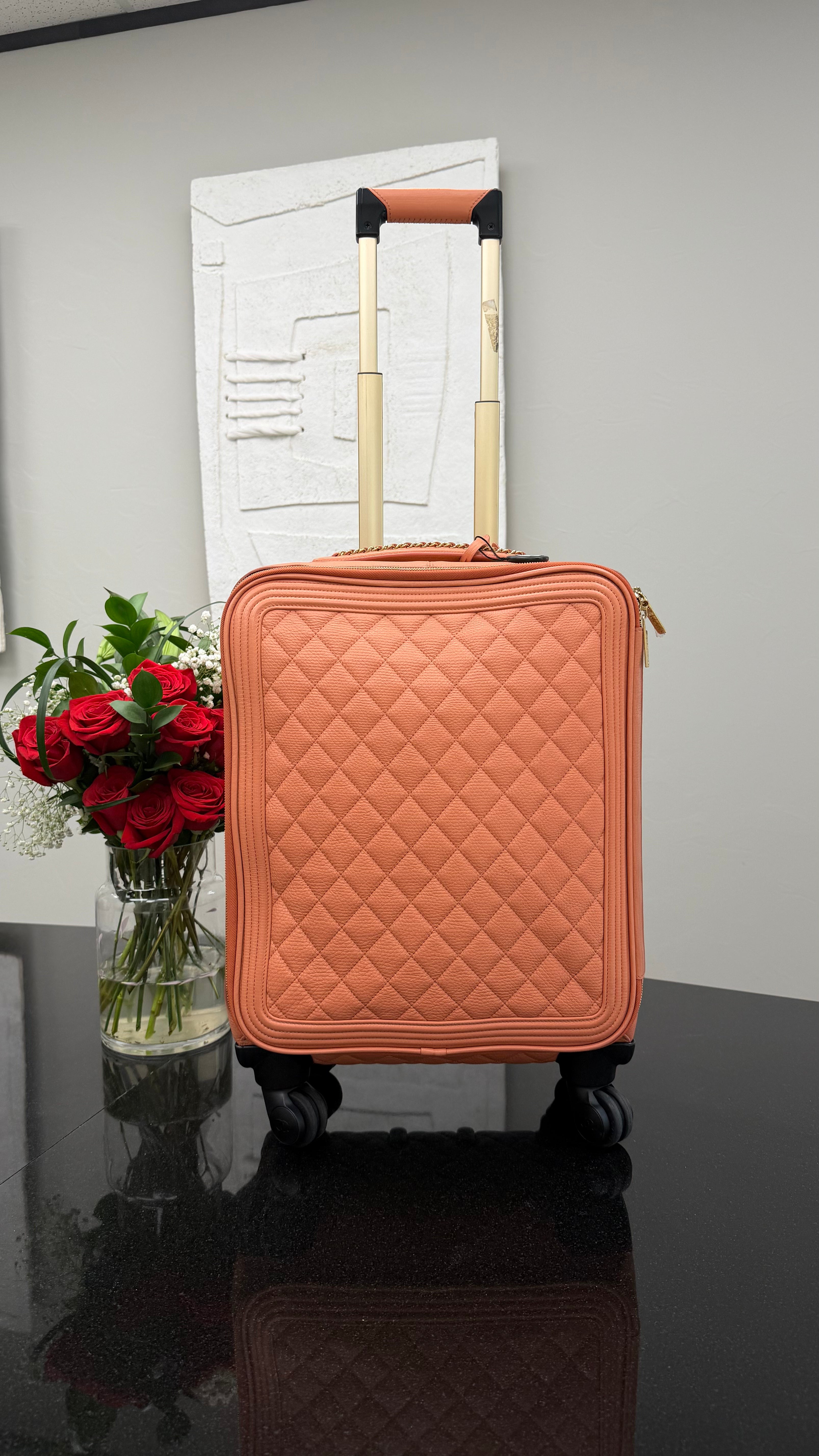 Chanel Peach Calfskin Quilted Coco Rolling Luggage