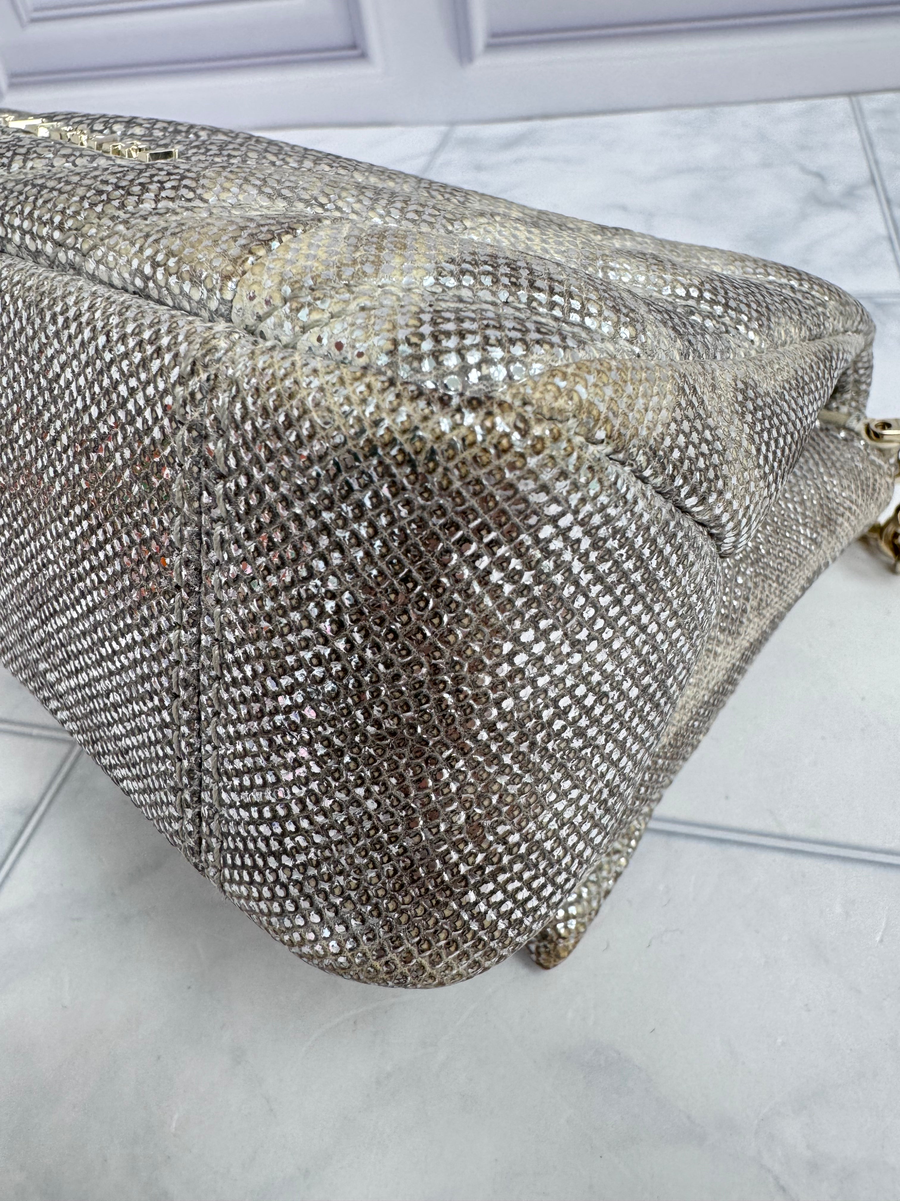 Bvlgari Silver Metallic Foiled Snake Skin Serpenti Cabochon Chain Shoulder Bag