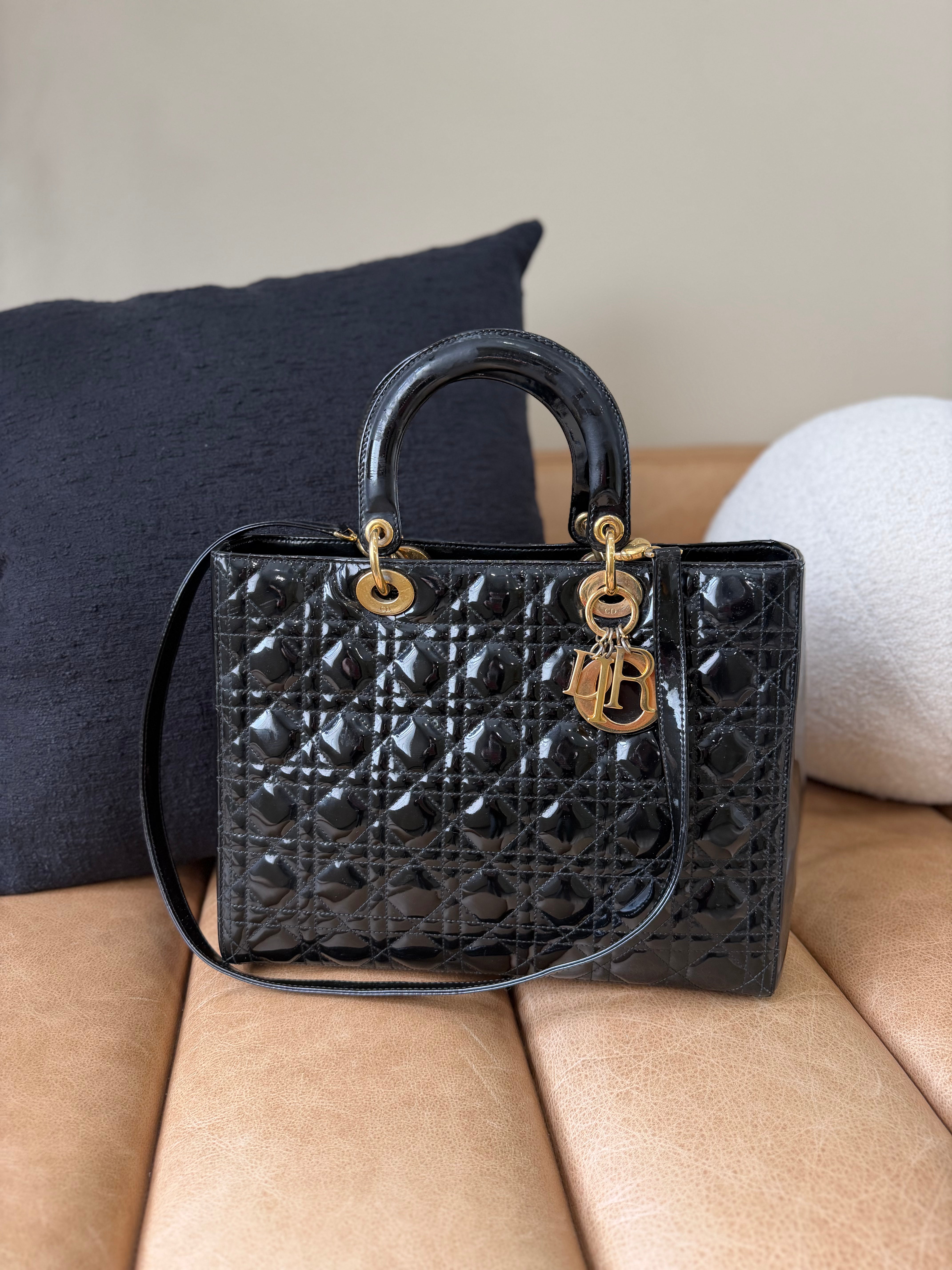 Christian Dior Black Patent Leather Large Cannage Lady Dior Bag