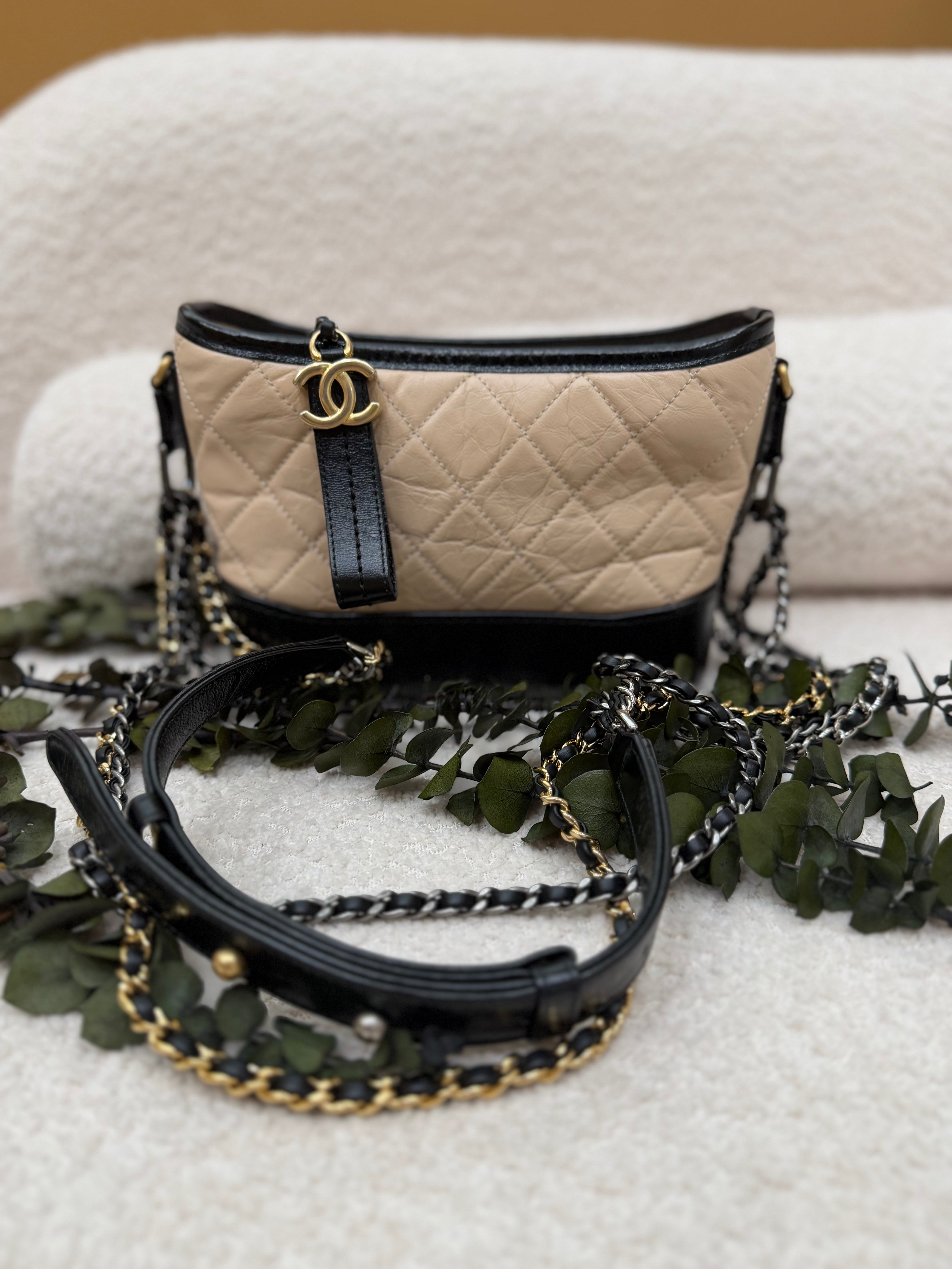 Chanel Beige & Black Aged Quilted Calfskin Small Gabrielle Hobo Bag