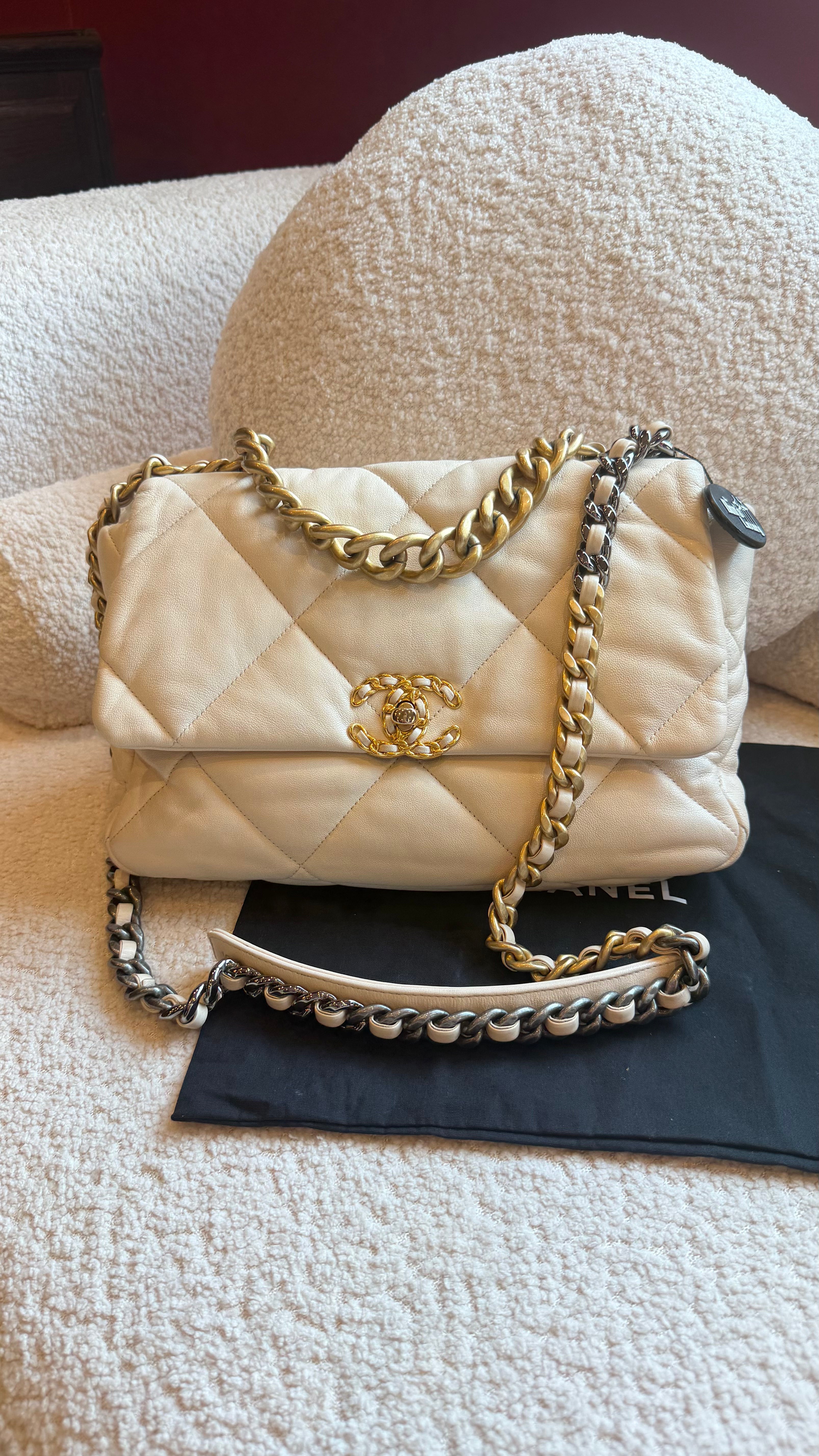 Chanel Beige Quilted Chanel 19 Large Flap Bag