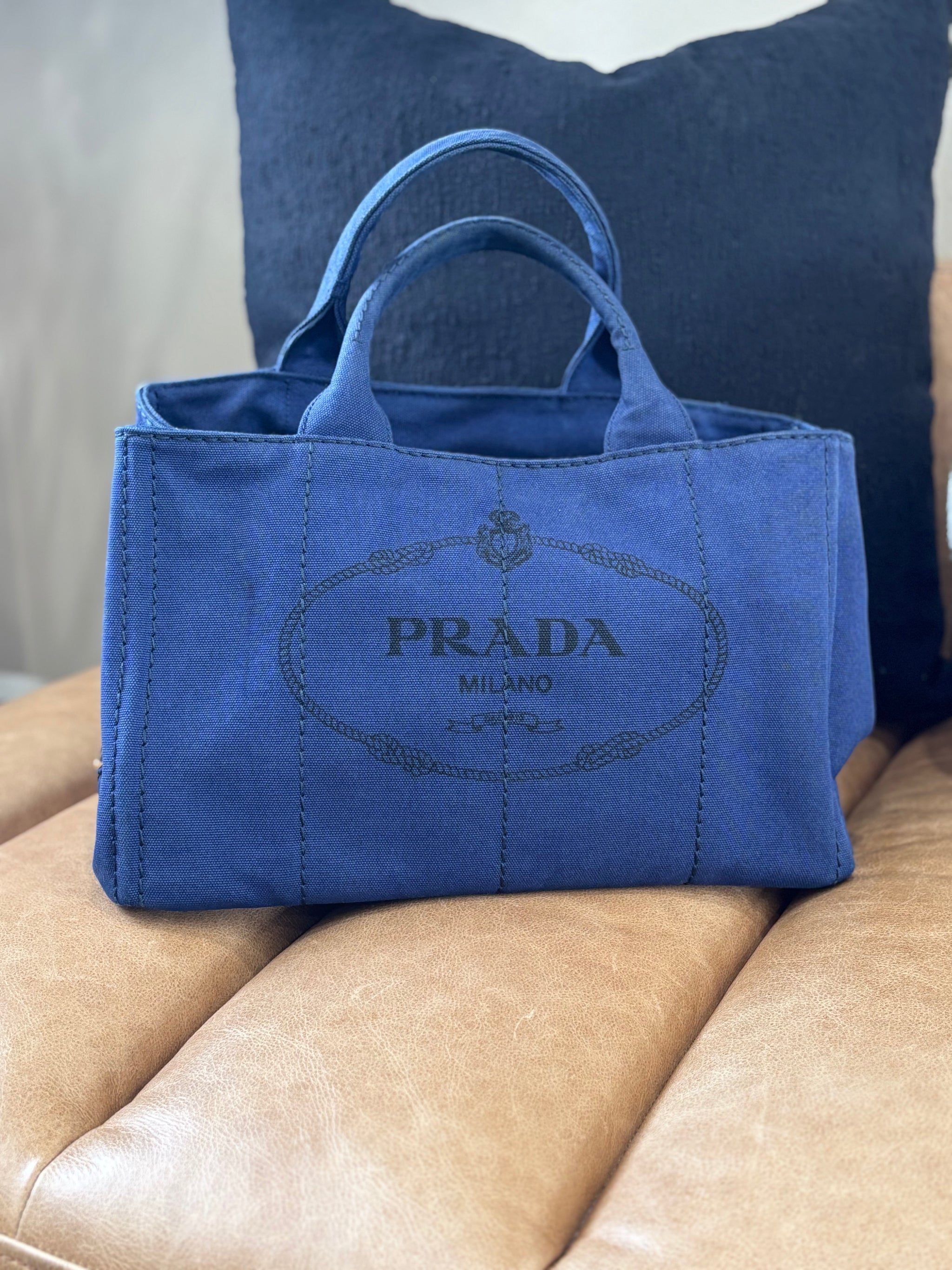 Prada Blue Canapa MM Canvas Tote