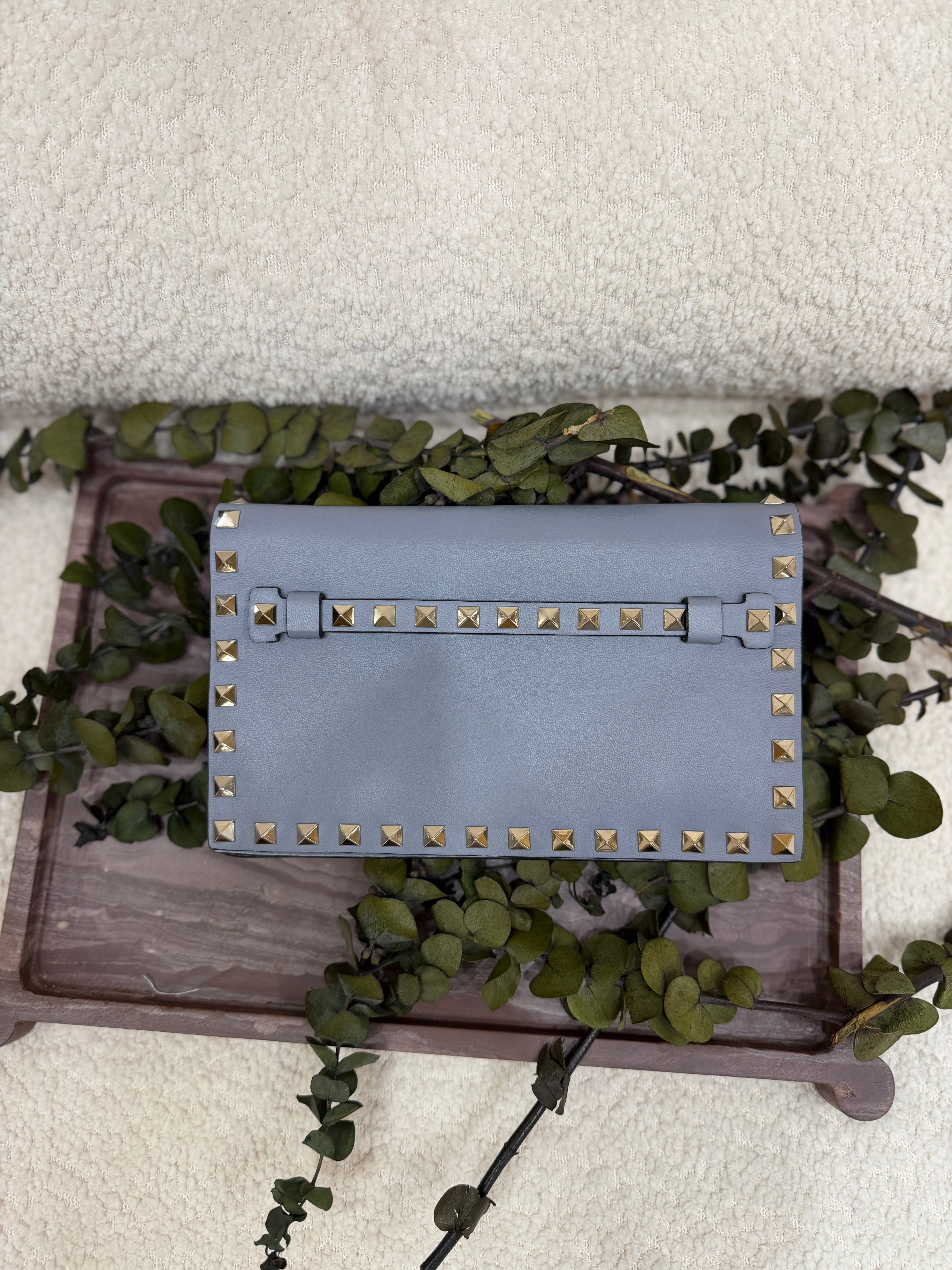 Valentino Powder Blue Leather Rockstud Clutch Bag