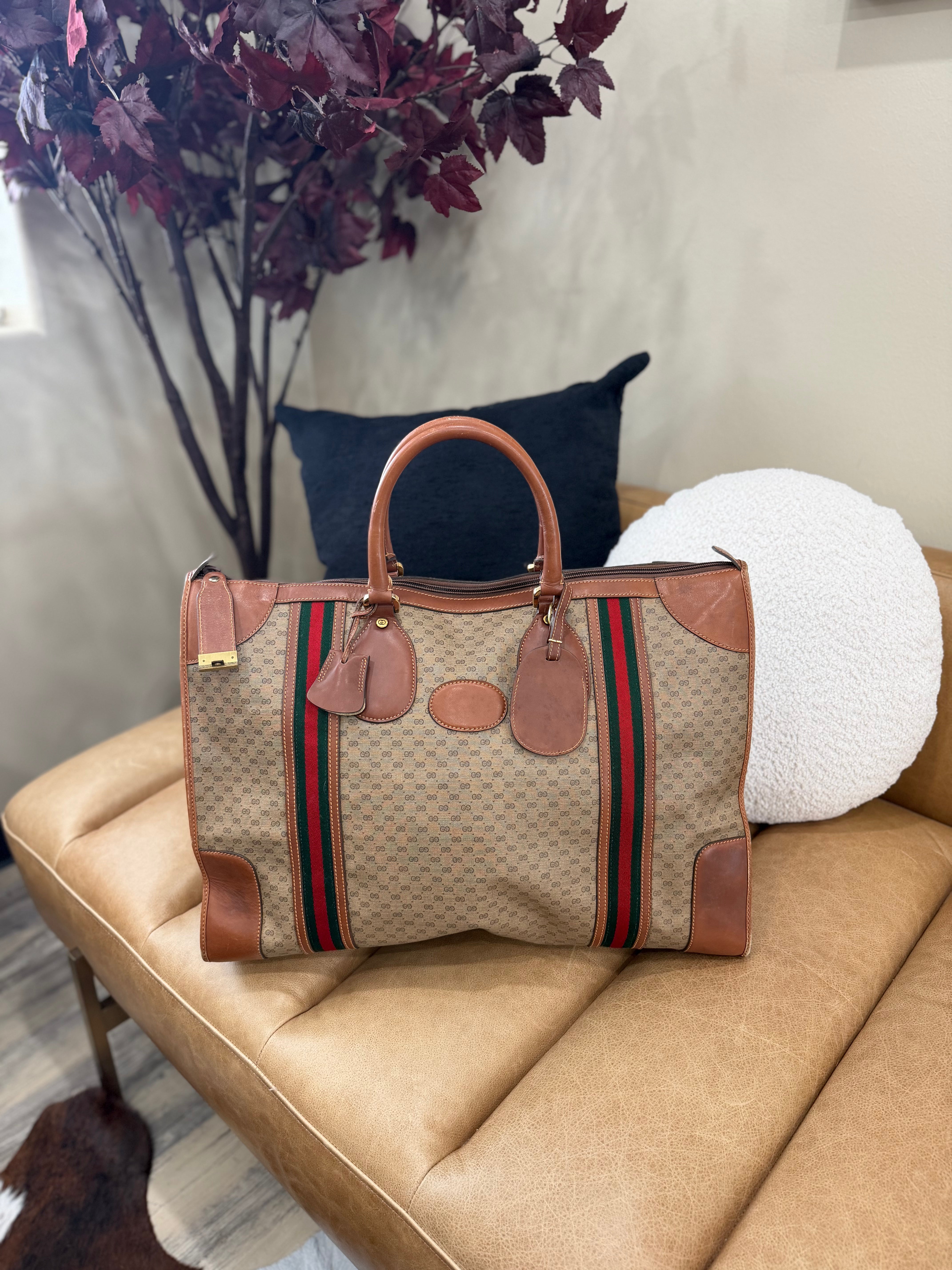 Gucci Brown Coated Canvas Web Duffle Bag