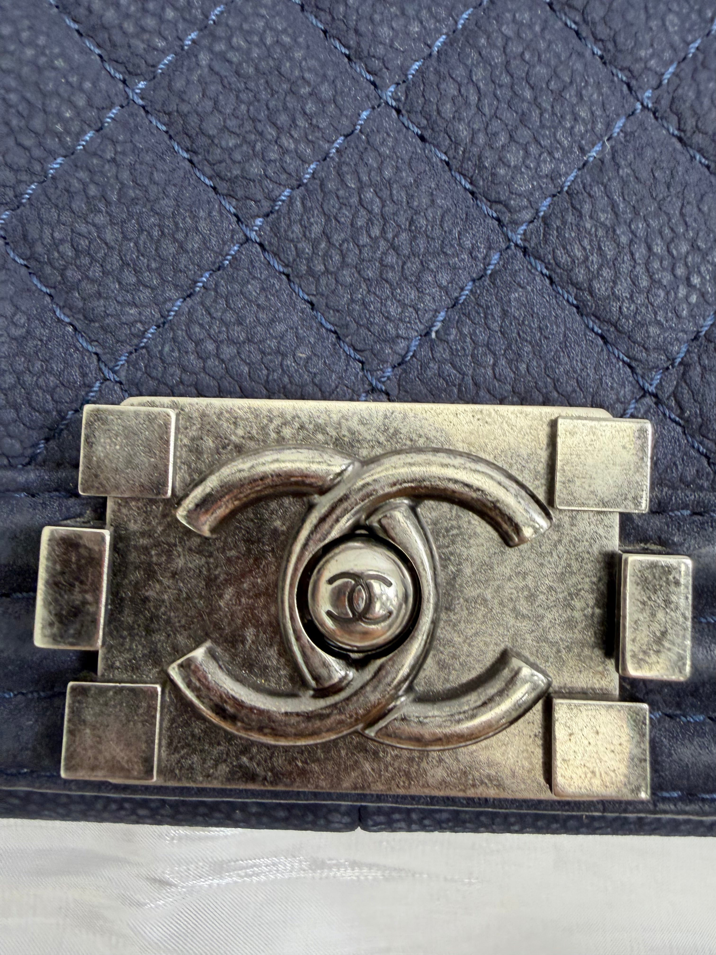 Chanel Navy Quilted Caviar Large Boy Bag