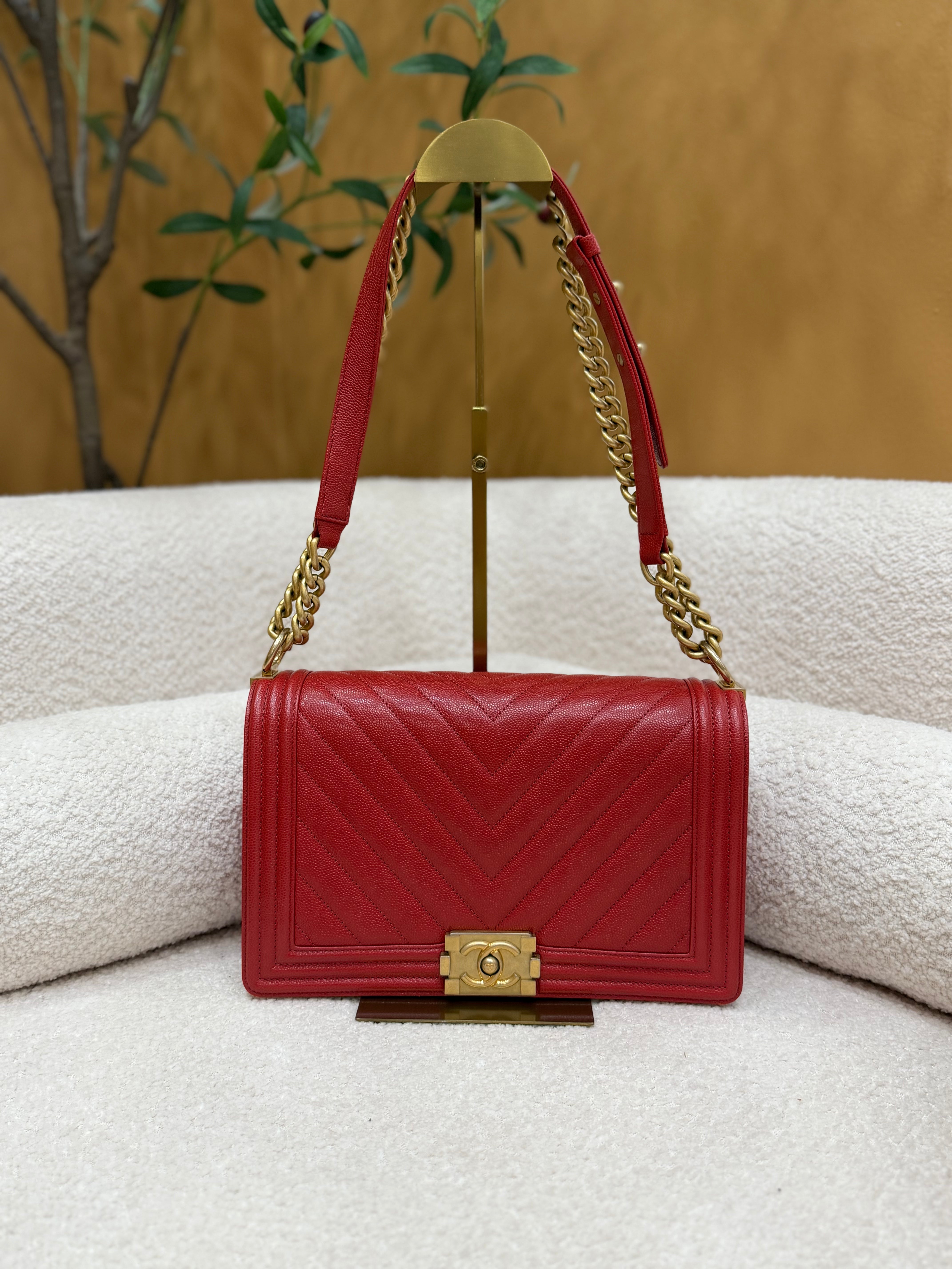 Chanel Red Chevron Quilted Caviar Medium Boy Bag