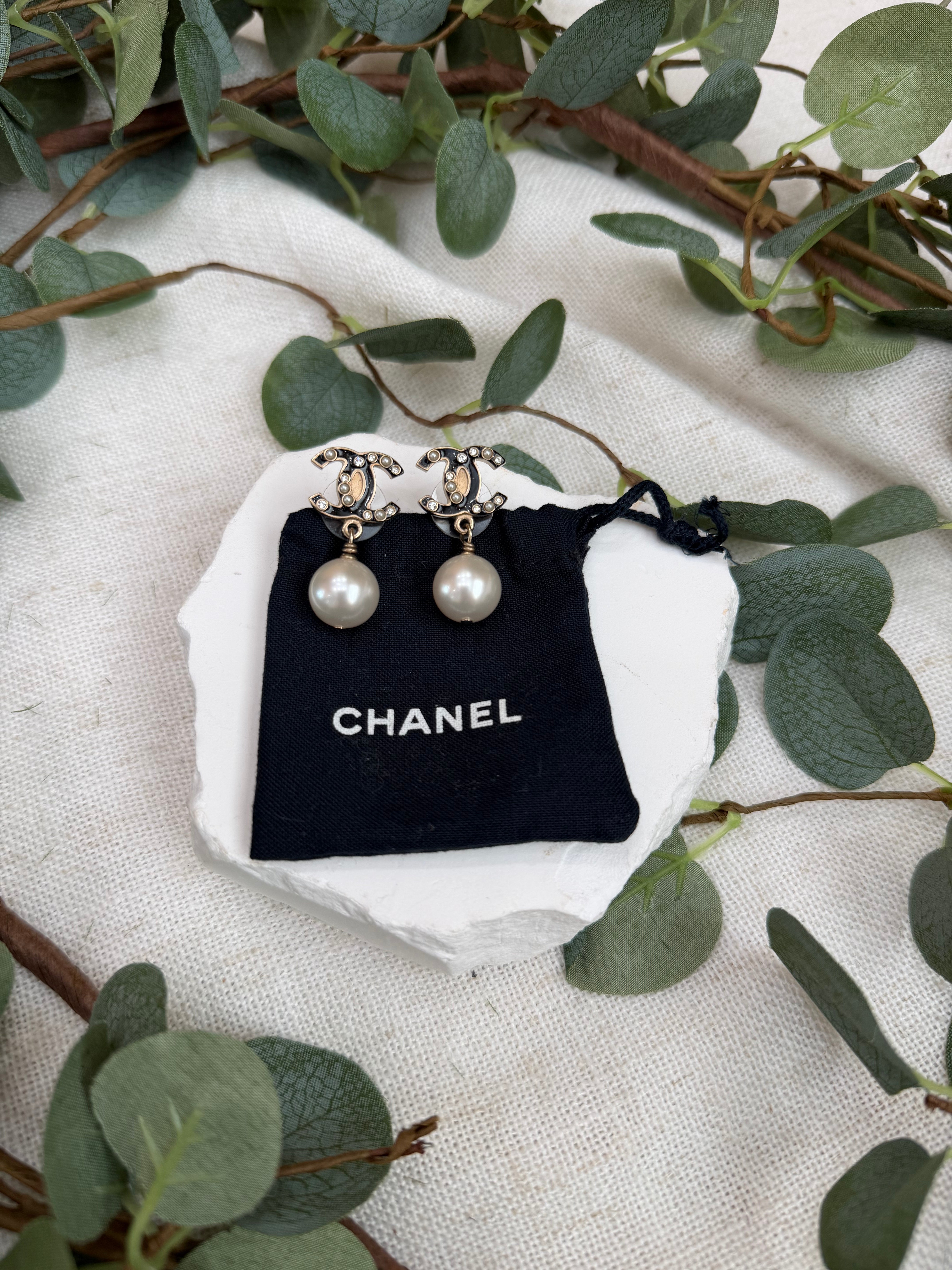 Chanel Black And Pearl CC Drop Earrings