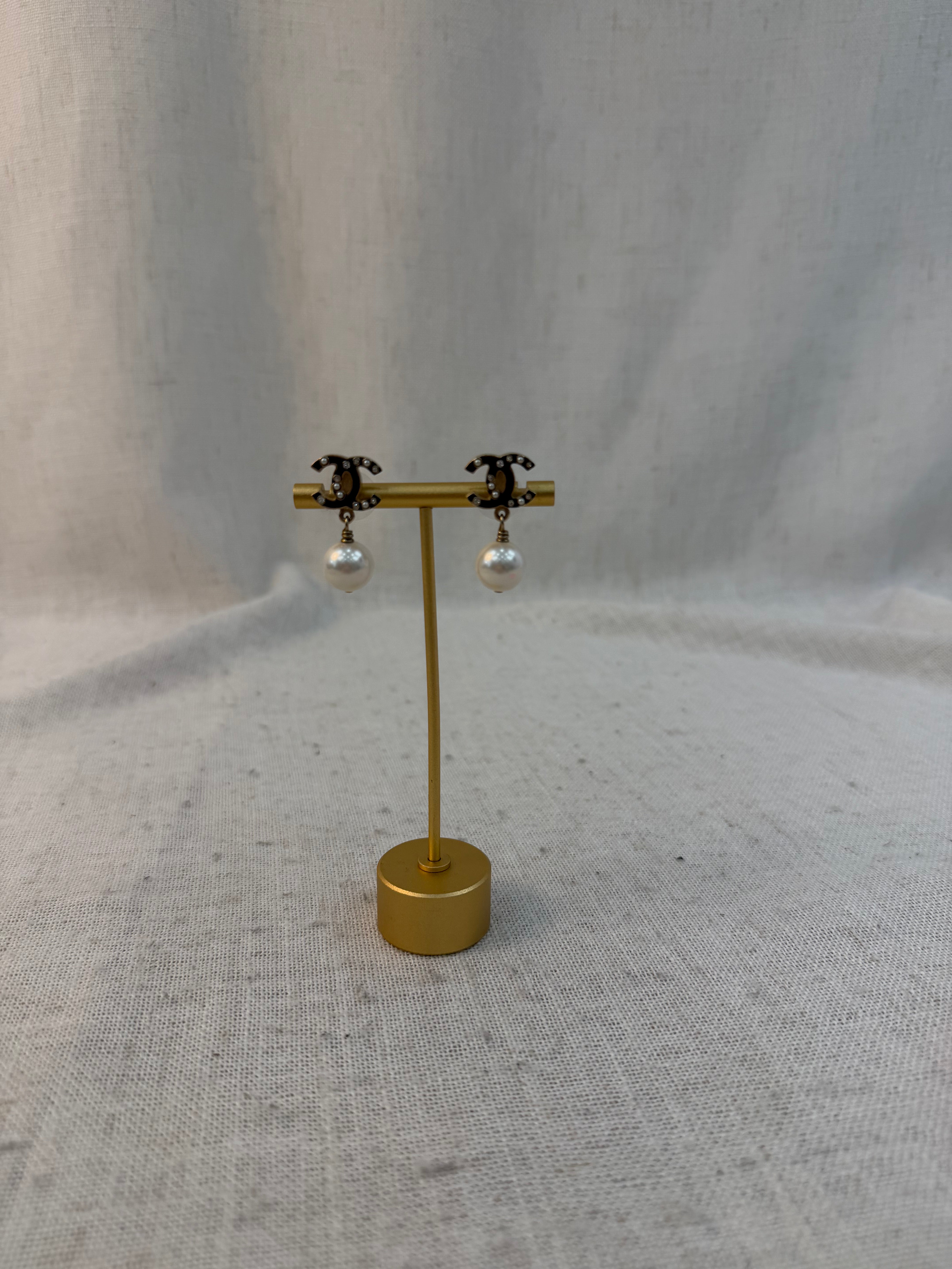 Chanel Black And Pearl CC Drop Earrings