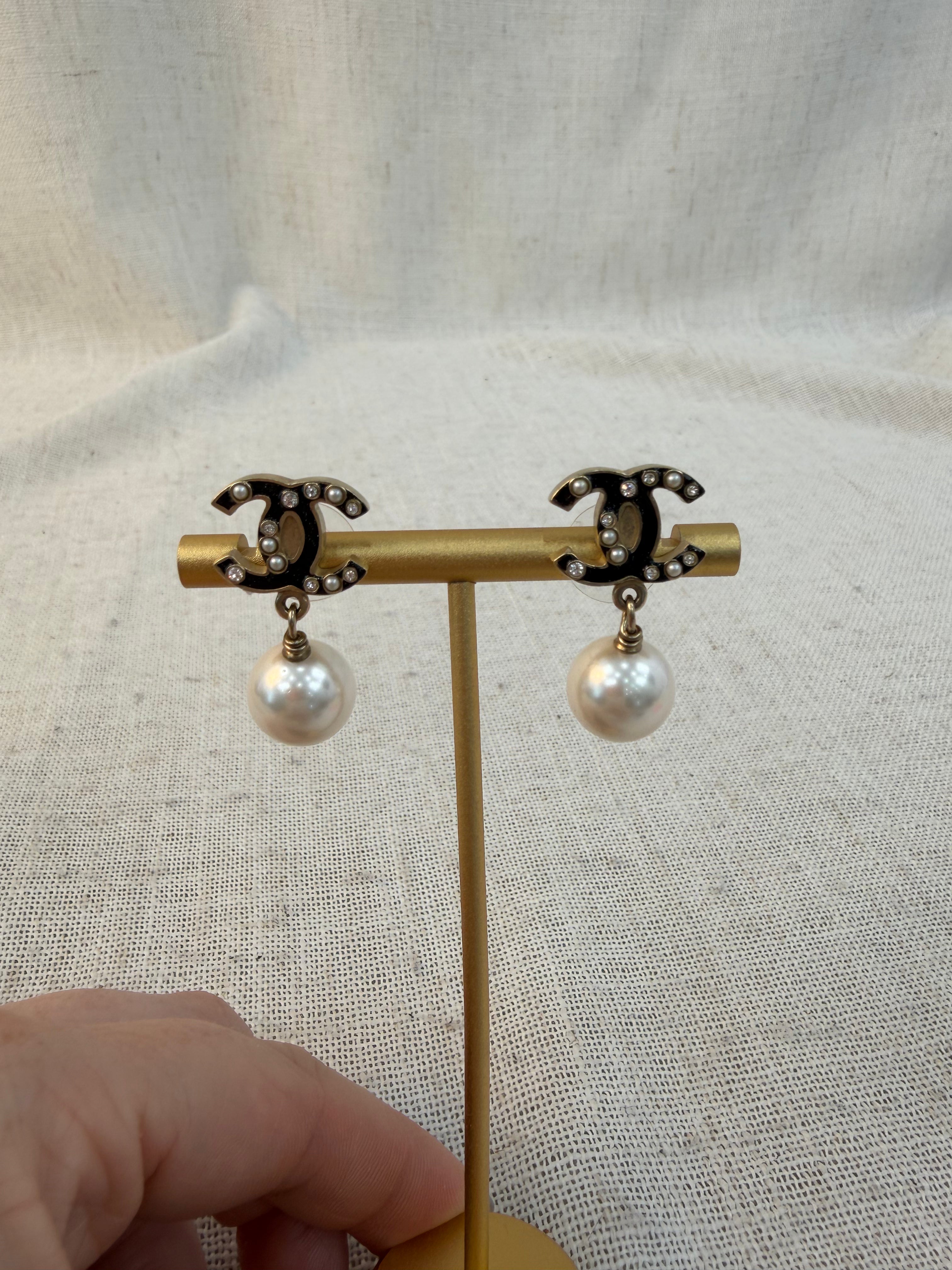 Chanel Black And Pearl CC Drop Earrings