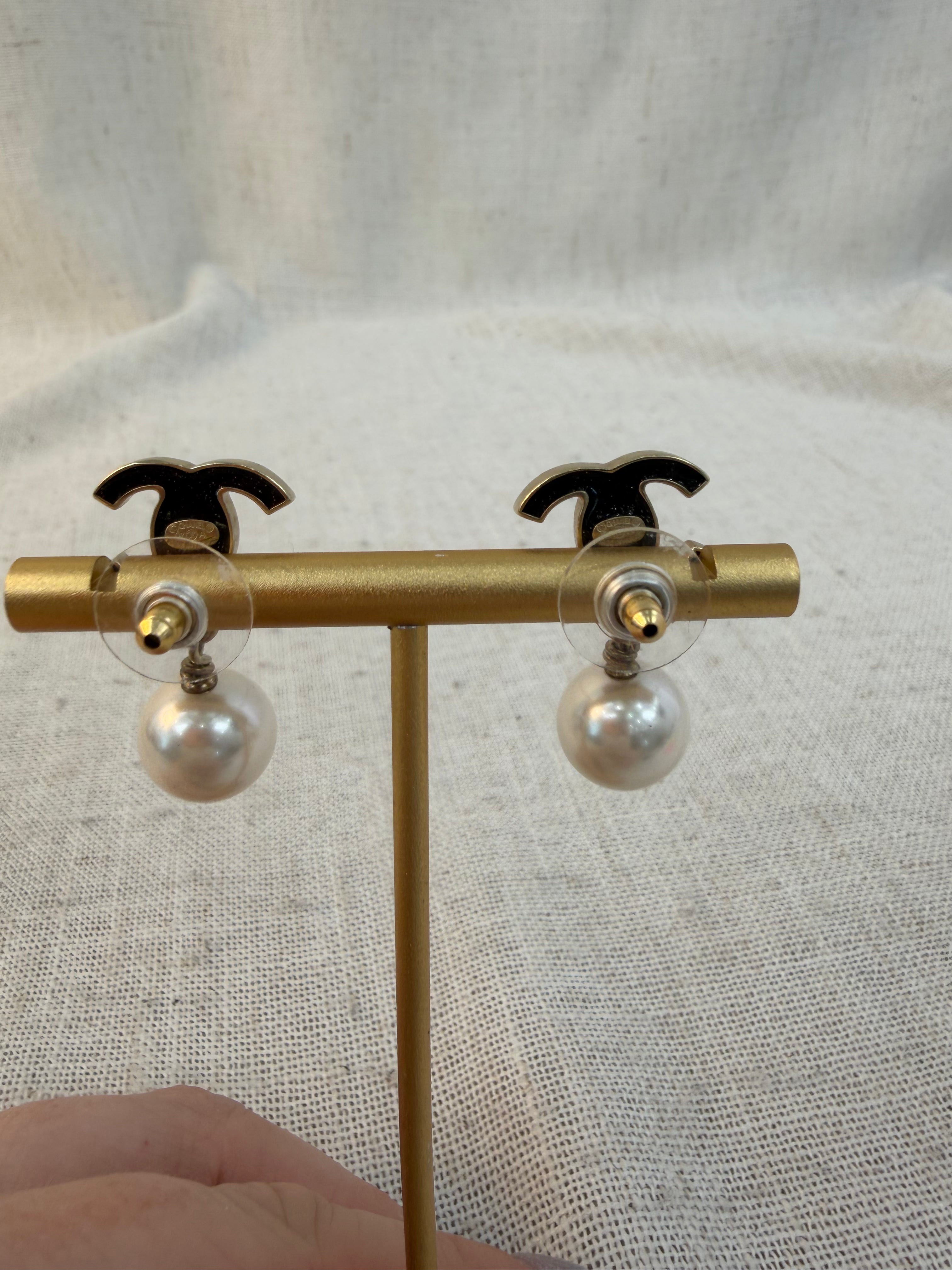 Chanel Black And Pearl CC Drop Earrings