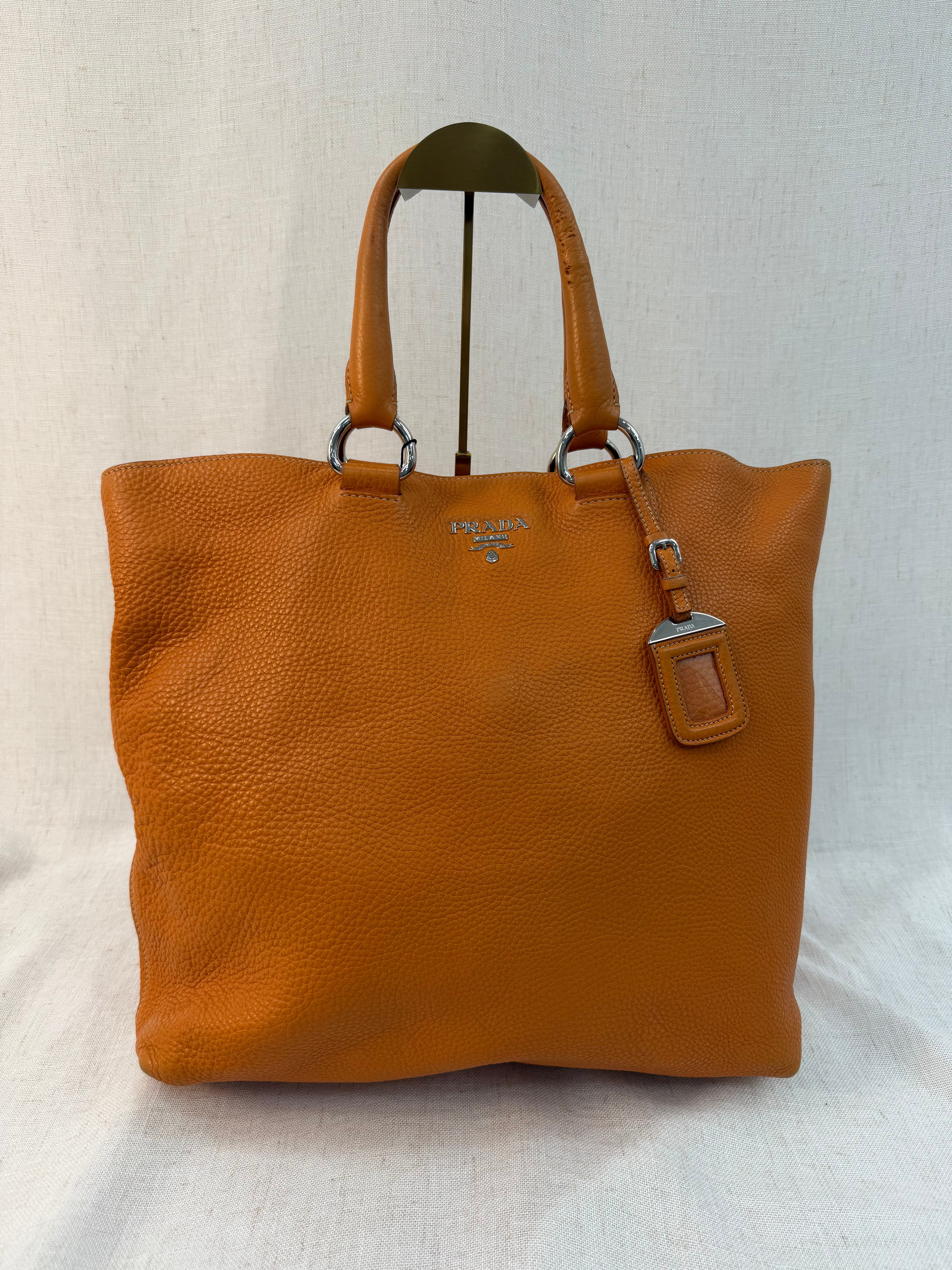 Prada Orange Leather Vitello Daino Shopping Tote Bag