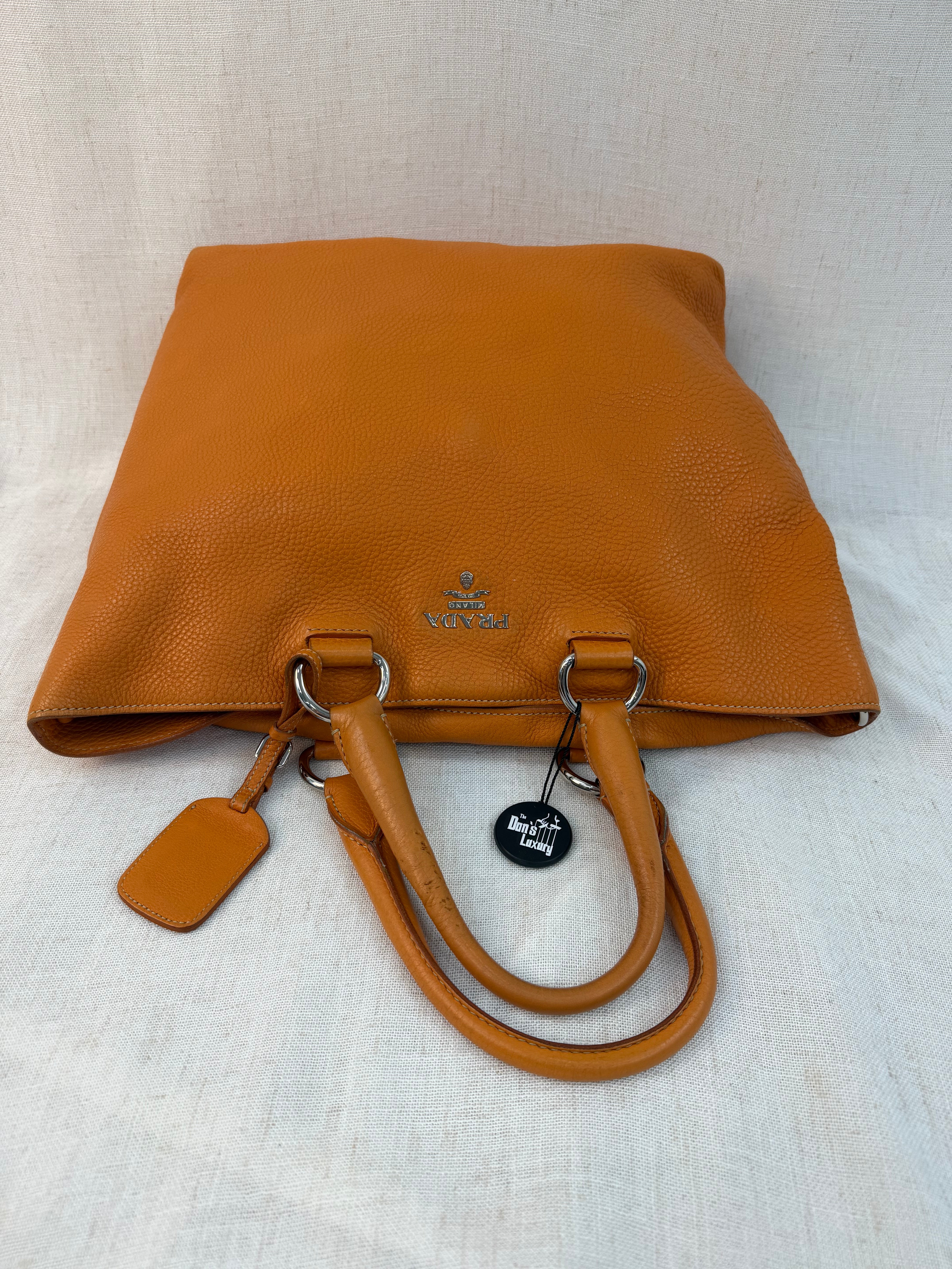 Prada Orange Leather Vitello Daino Shopping Tote Bag