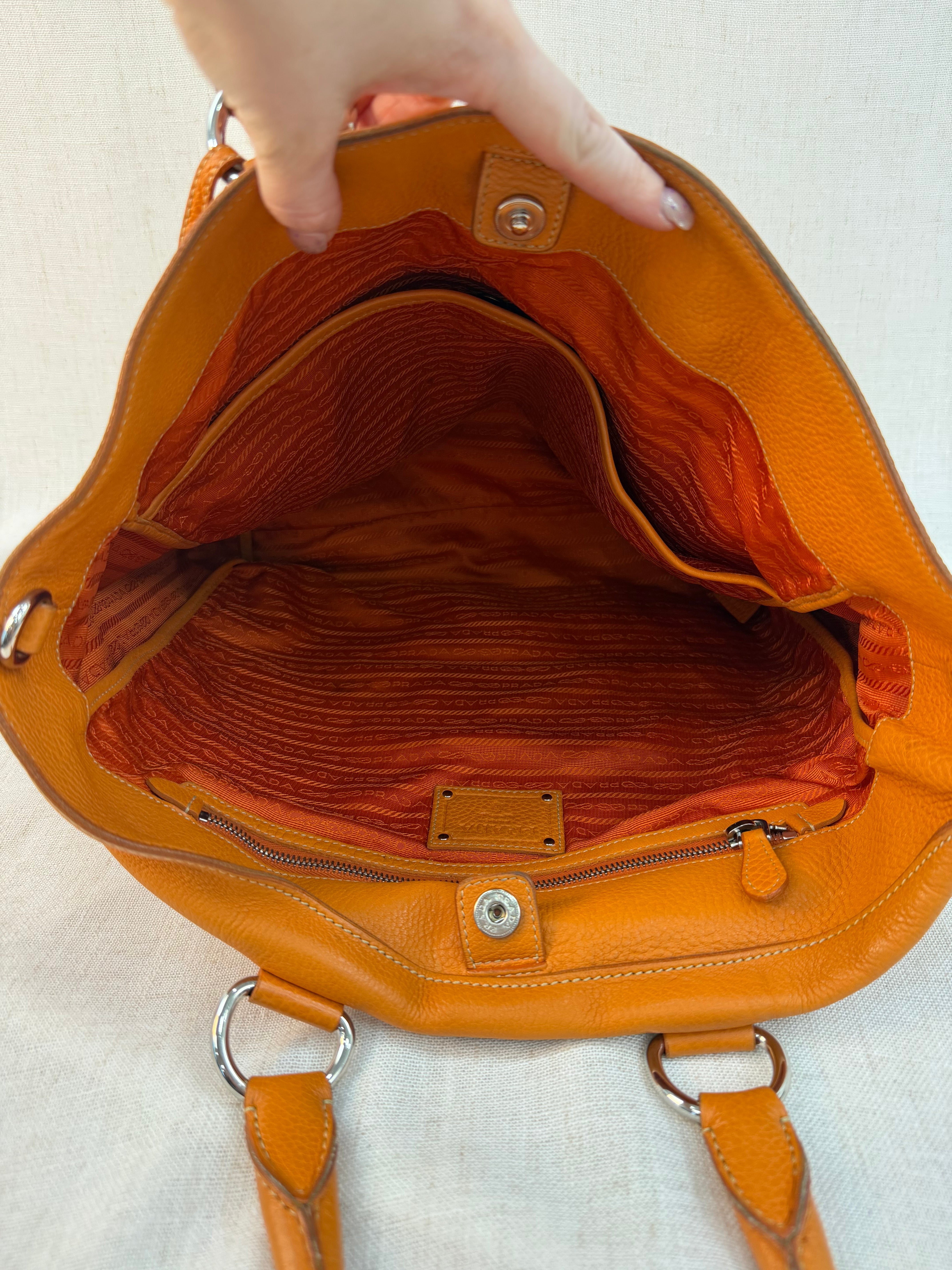 Prada Orange Leather Vitello Daino Shopping Tote Bag