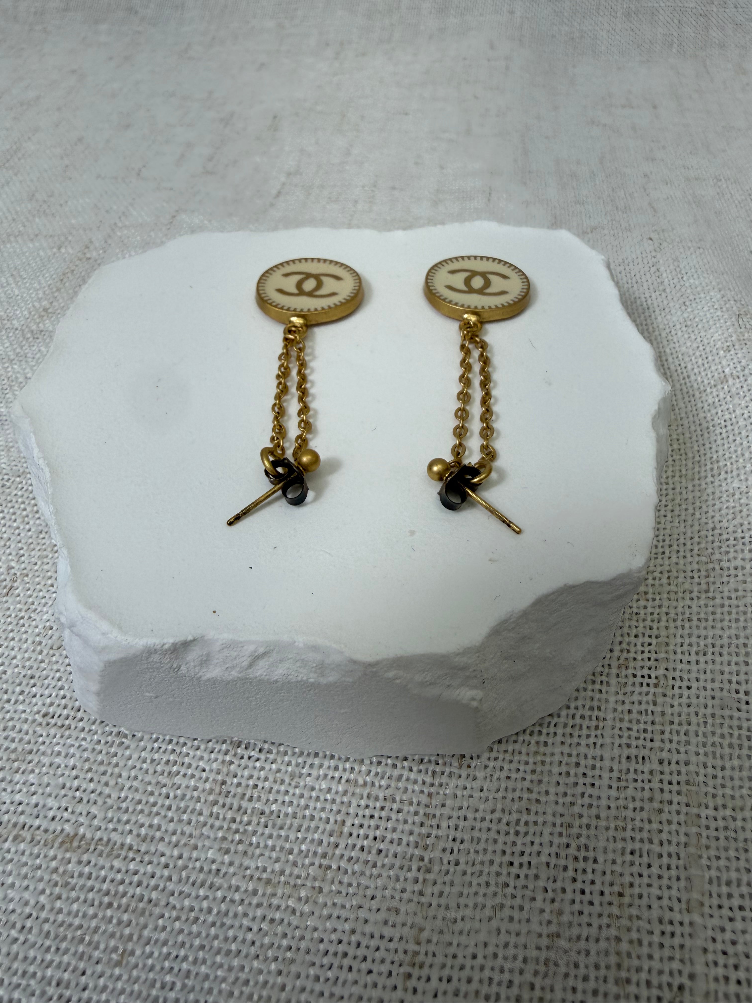 Chanel Round ivory Enamel CC Logo Dangle Earrings