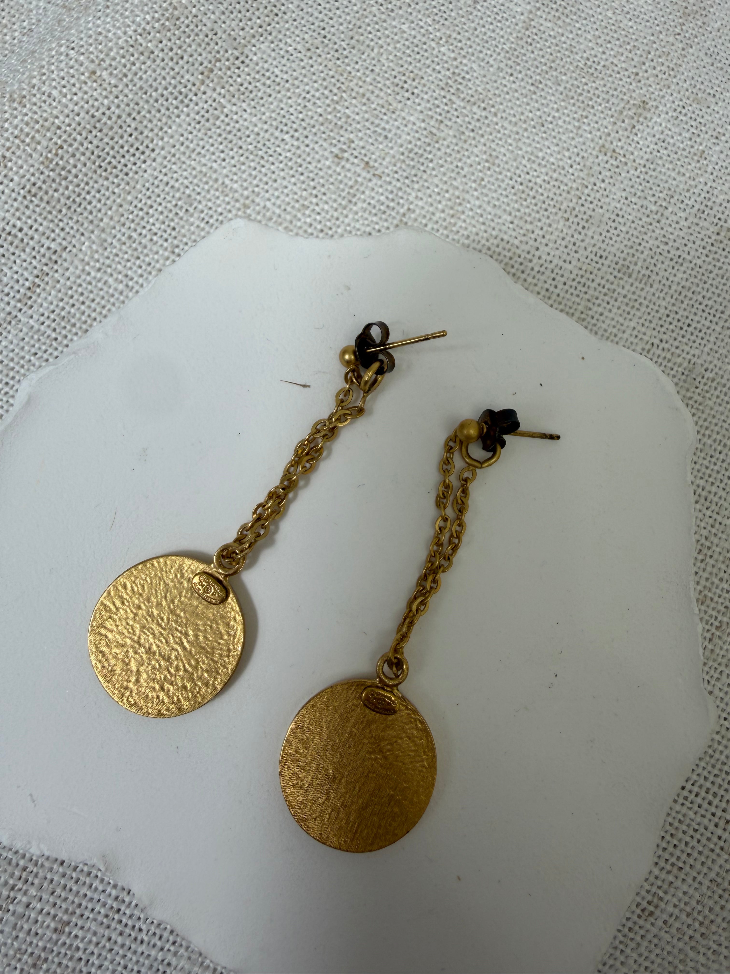 Chanel Round ivory Enamel CC Logo Dangle Earrings