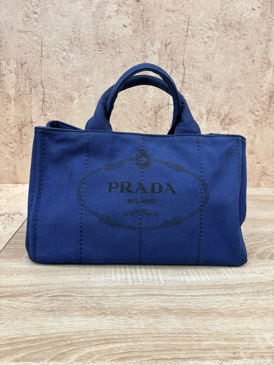 Prada Blue Canapa MM Canvas Tote