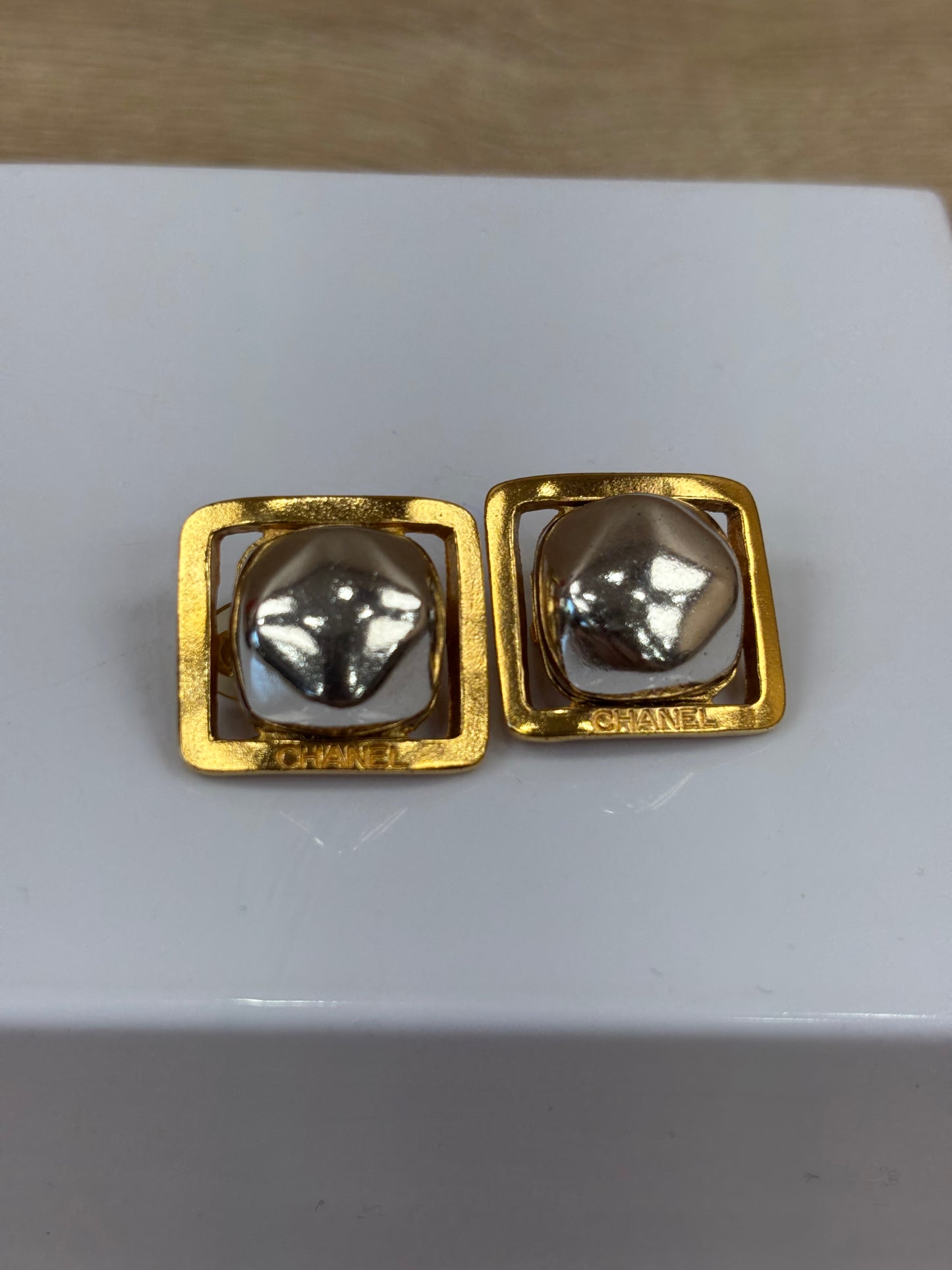 Chanel Silver And Gold Square Clip On Earrings
