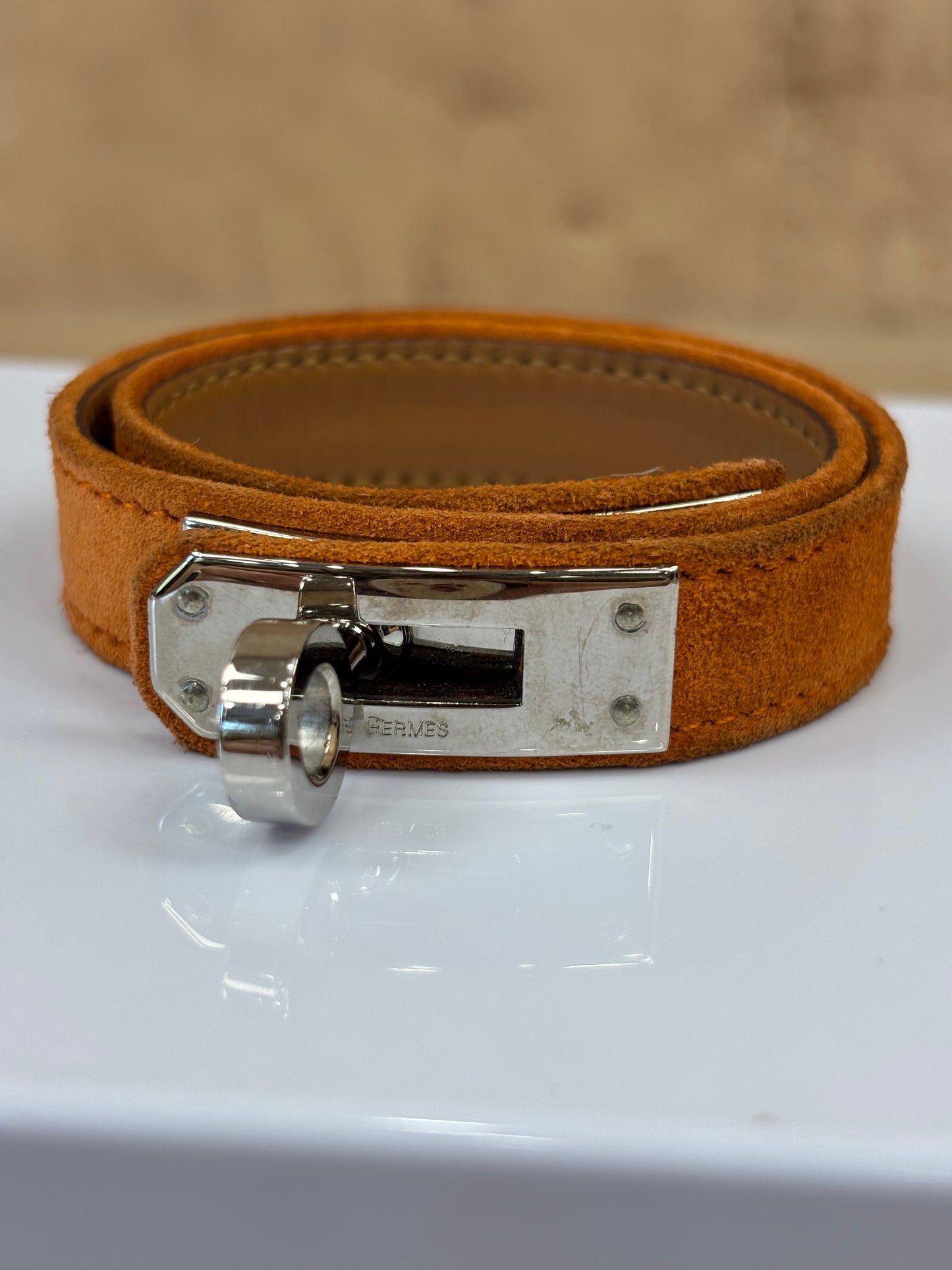 Hermes Orange Suede Kelly Lock Bracelet