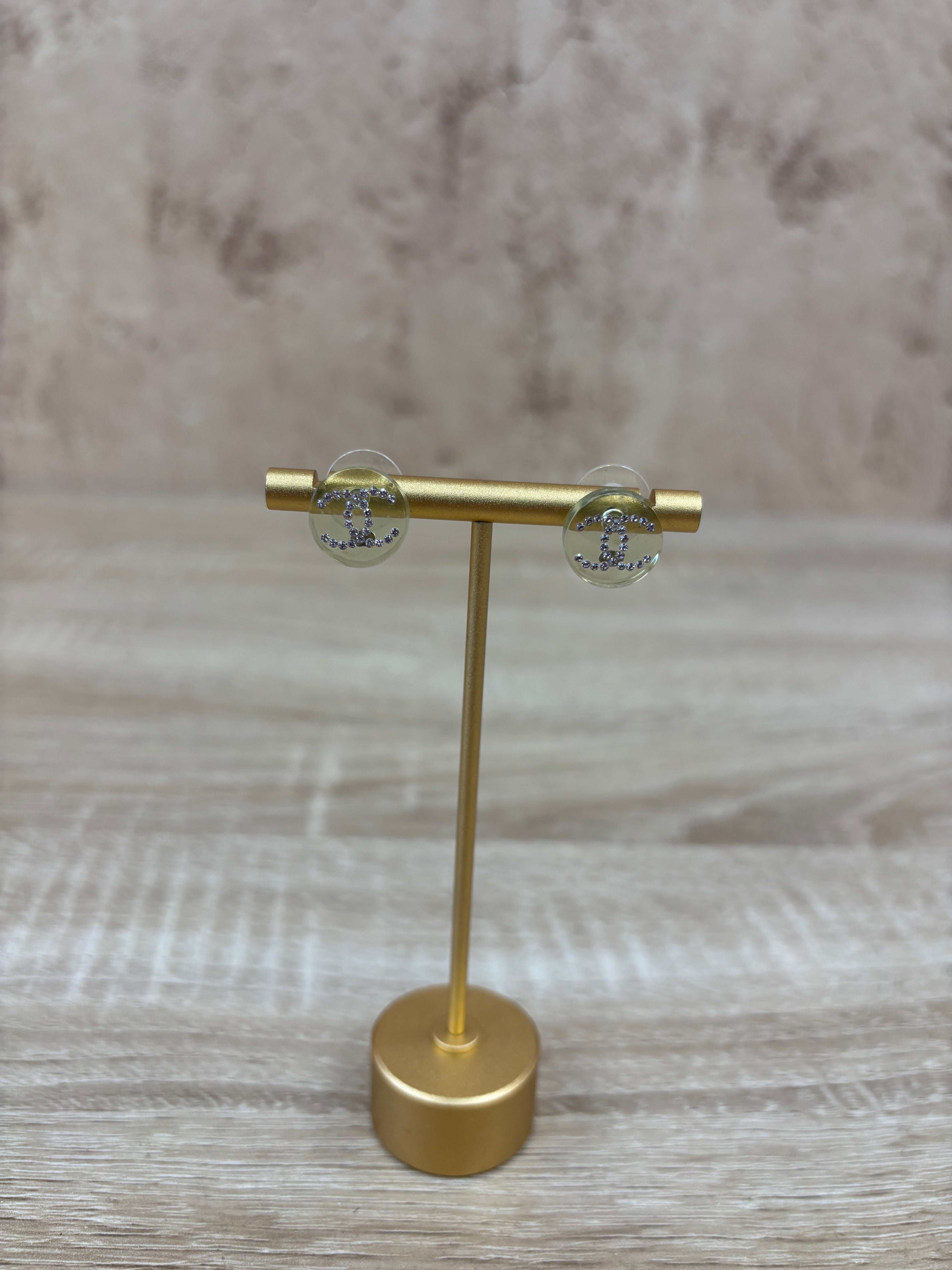 Chanel Green Acrylic And Rhinestone Earrings