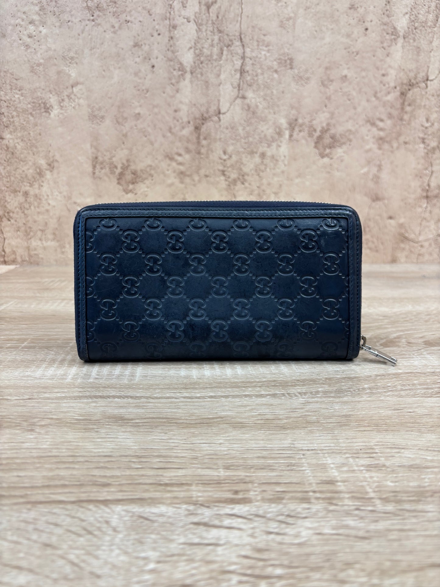 Gucci Navy Leather Guccisima Leather Zippy Wallet