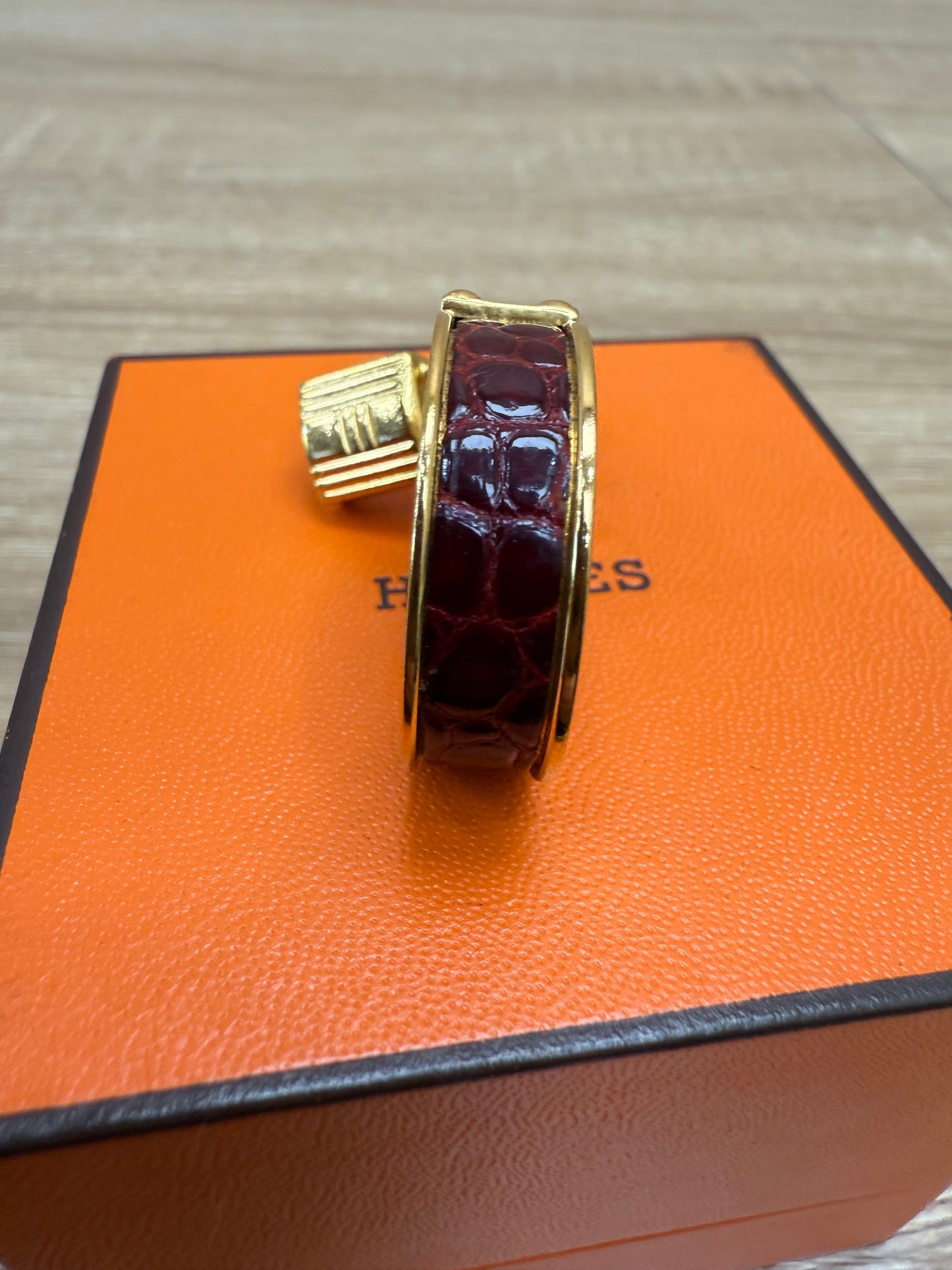 Hermes Gold & Burgundy Croc Embossed Leather Kelly Scarf Ring