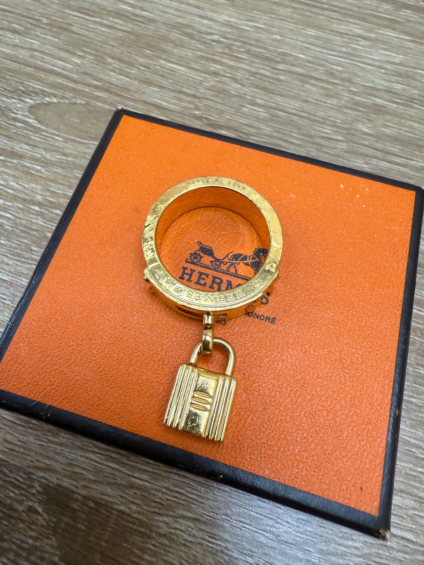 Hermes Gold & Tan Leather Kelly Scarf Ring
