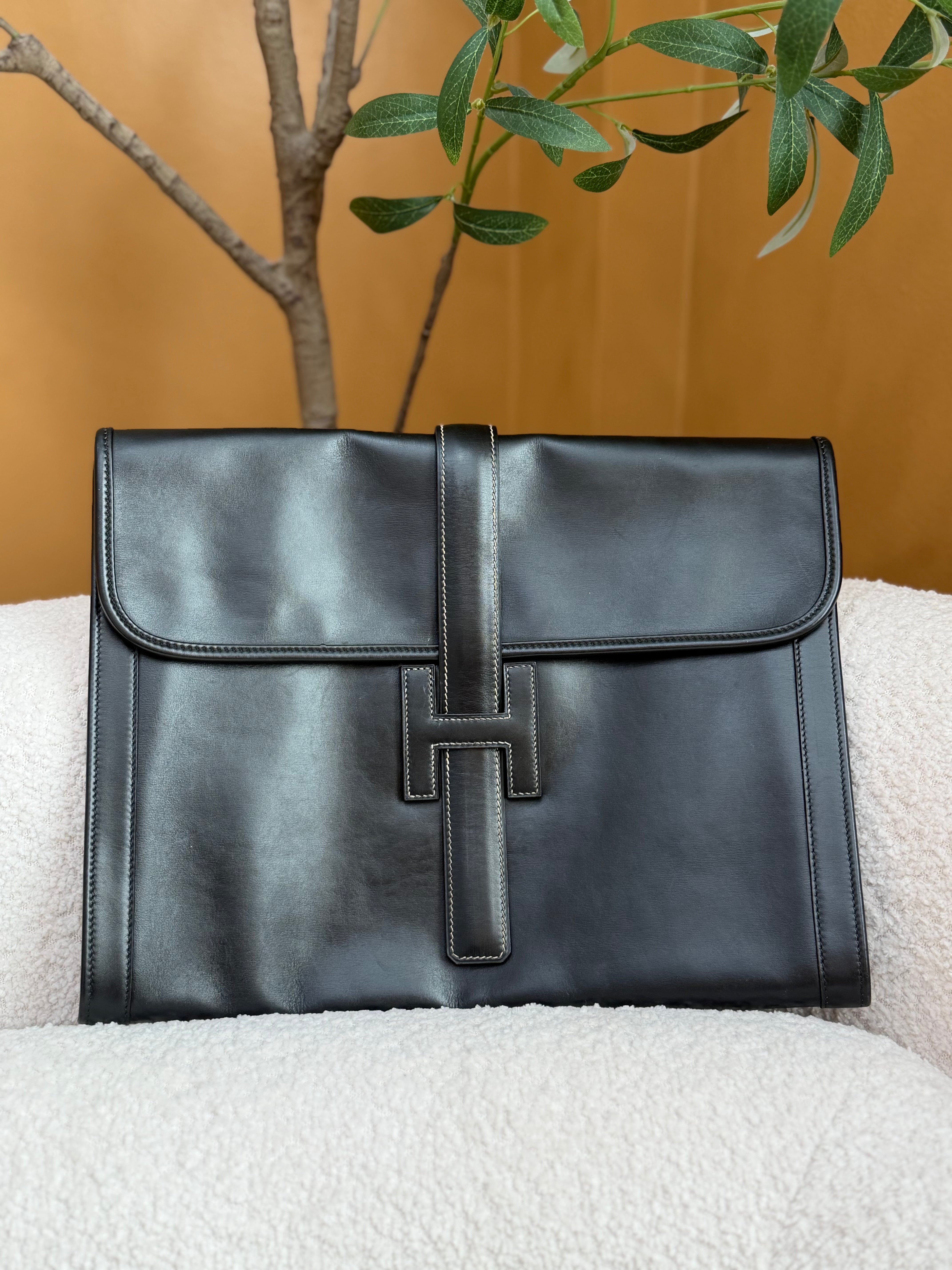 Hermes Black Leather Box Jige Clutch GM